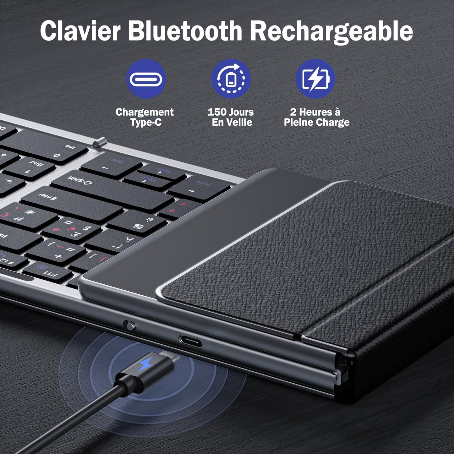 seenda Clavier Bluetooth Pliable - Mini Portable Clavier sans Fil avec Pavé Numérique,AZERTY,Rechargeable,Pleine-Taille, pour Windows iOS Android Tablette iPad - Noir