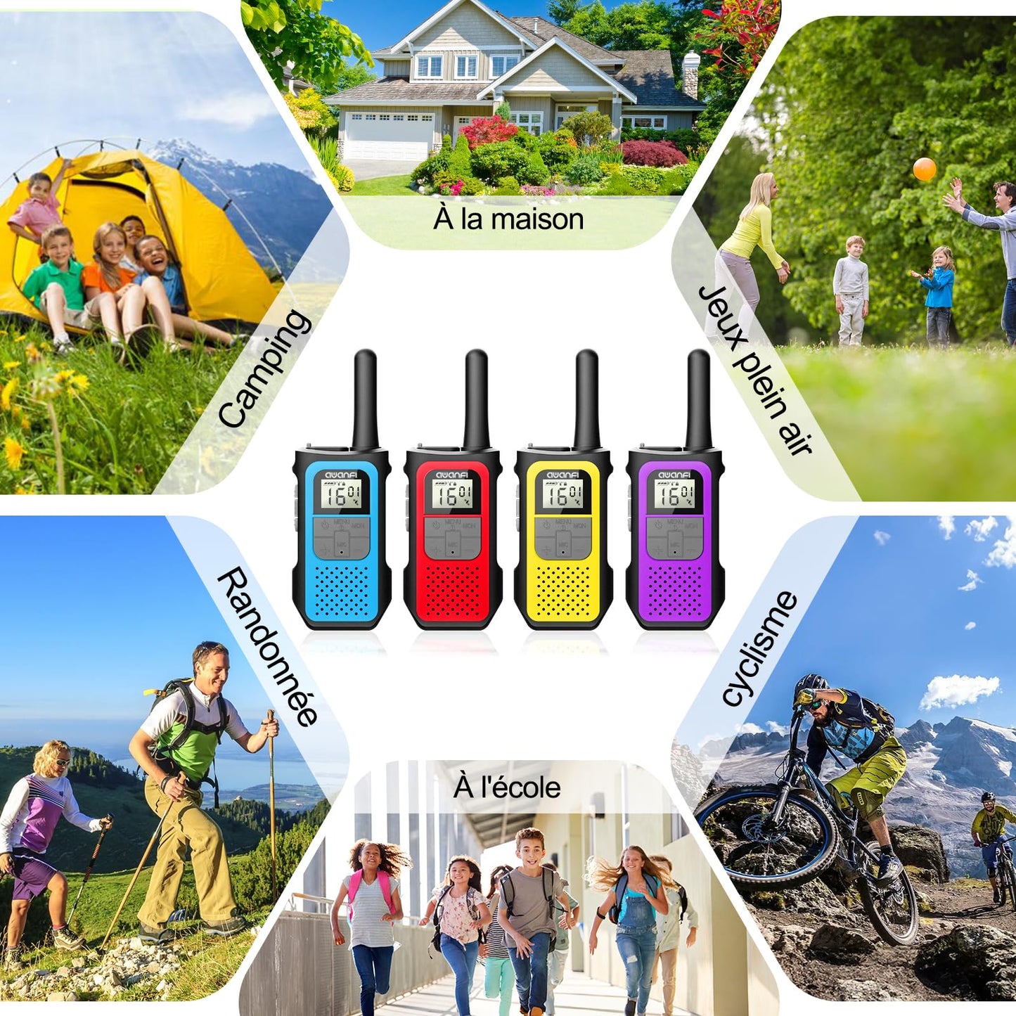 AWANFI Talkie Walkie 4 Pièces Longue Portée, Talkie-Walkie Enfants Adultes Rechargeable, Walkie Talkies USB C Batterie Lithium avec 16 Canaux pour Camping, Randoneé, Vélo, Cadeau pour Fille et Garçon