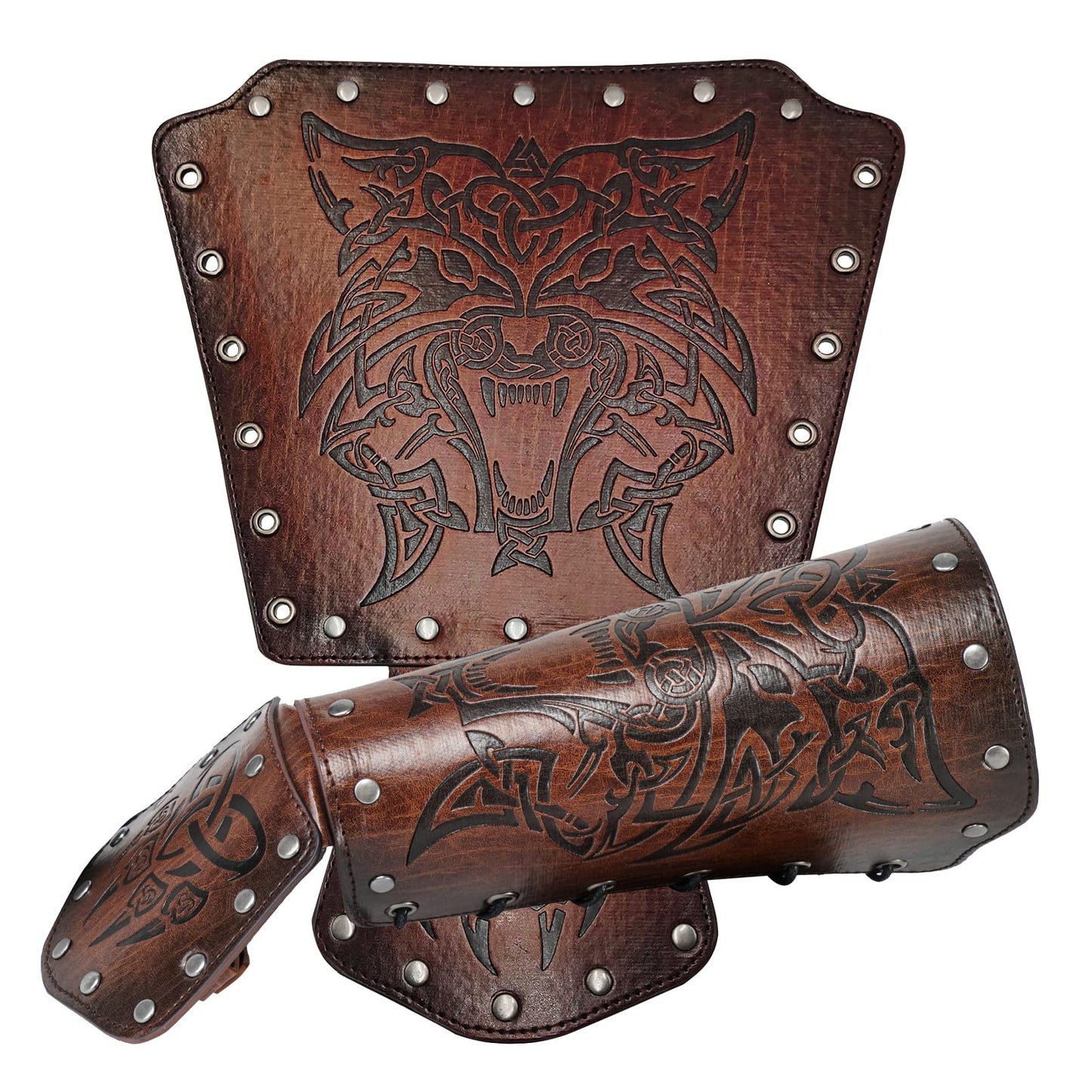 HiiFeuer - Gantelet de Fenrir Viking, Armure de Bras Médiévale en Faux Cuir Brassard de chevalier, pour Costume de LARP/Halloween (Marron)