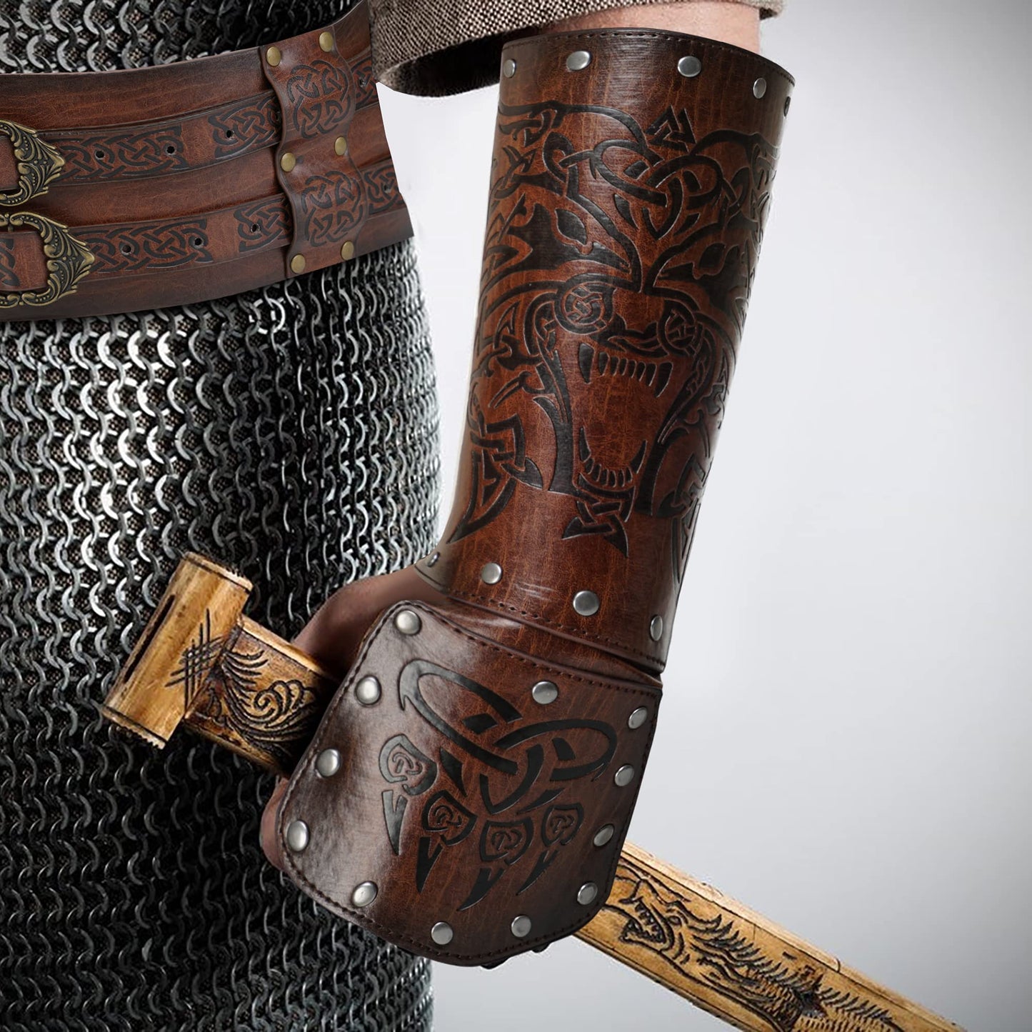 HiiFeuer - Gantelet de Fenrir Viking, Armure de Bras Médiévale en Faux Cuir Brassard de chevalier, pour Costume de LARP/Halloween (Marron)