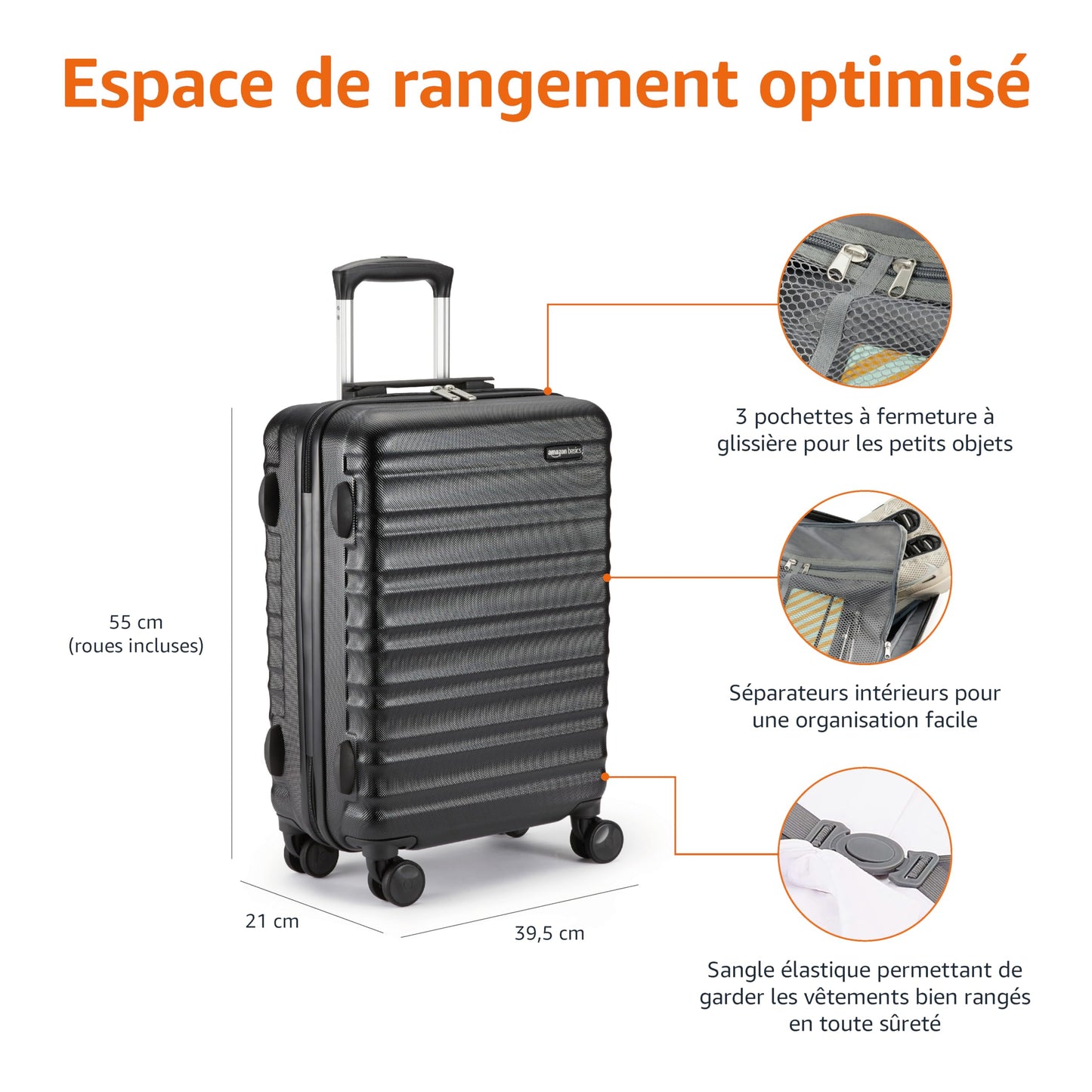 Amazon Basics Bagage à roulettes rigide- 55 cm Taille cabine, Noir Approuvé pour Ryanair et la plupart des compagnies low cost