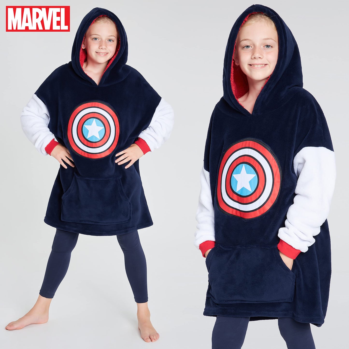 Marvel Spiderman Plaid Capuche Enfant Ado Couverture Polaire Portable Avengers Hulk Captain America Thor Hoodie Oversize Cadeau Garçon (Marine)