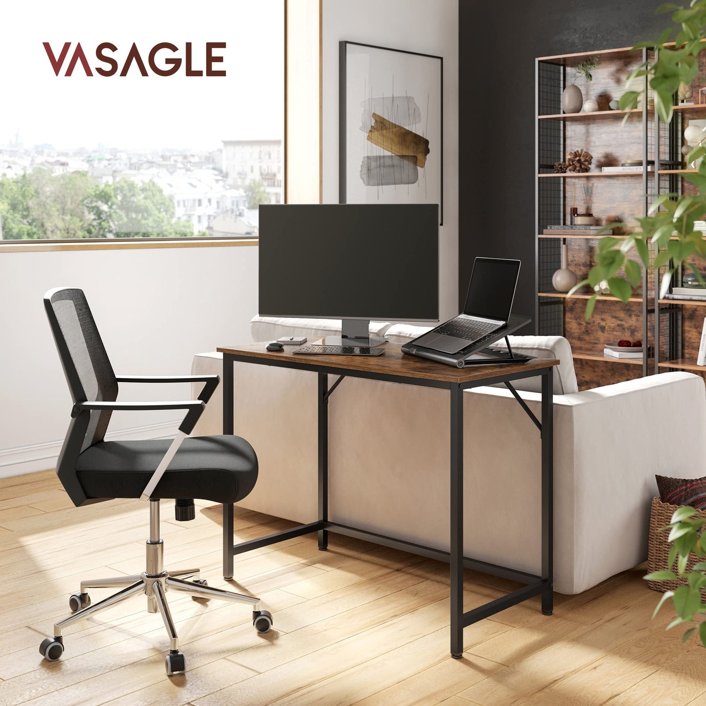 VASAGLE Bureau, Table, Poste de Travail, pour Bureau, Chambre, 50 x 100 x 76 cm, Style Industriel, Cadre en Métal, Marron Rustique et Noir d'Encre LWD41X