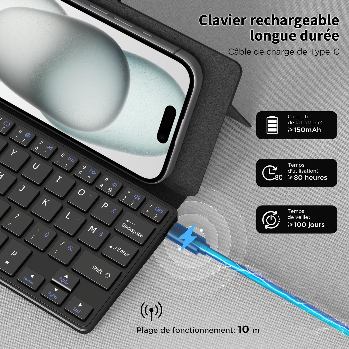 CACOE Clavier Bluetooth Pliable, Mini Clavier sans Fil Double Canal, [AZERTY] Clavier Bluetooth avec Support,Mini Clavier Ultra Plat, Compatible avec iPad/Phone/Tablette, Android, Windows, Noir