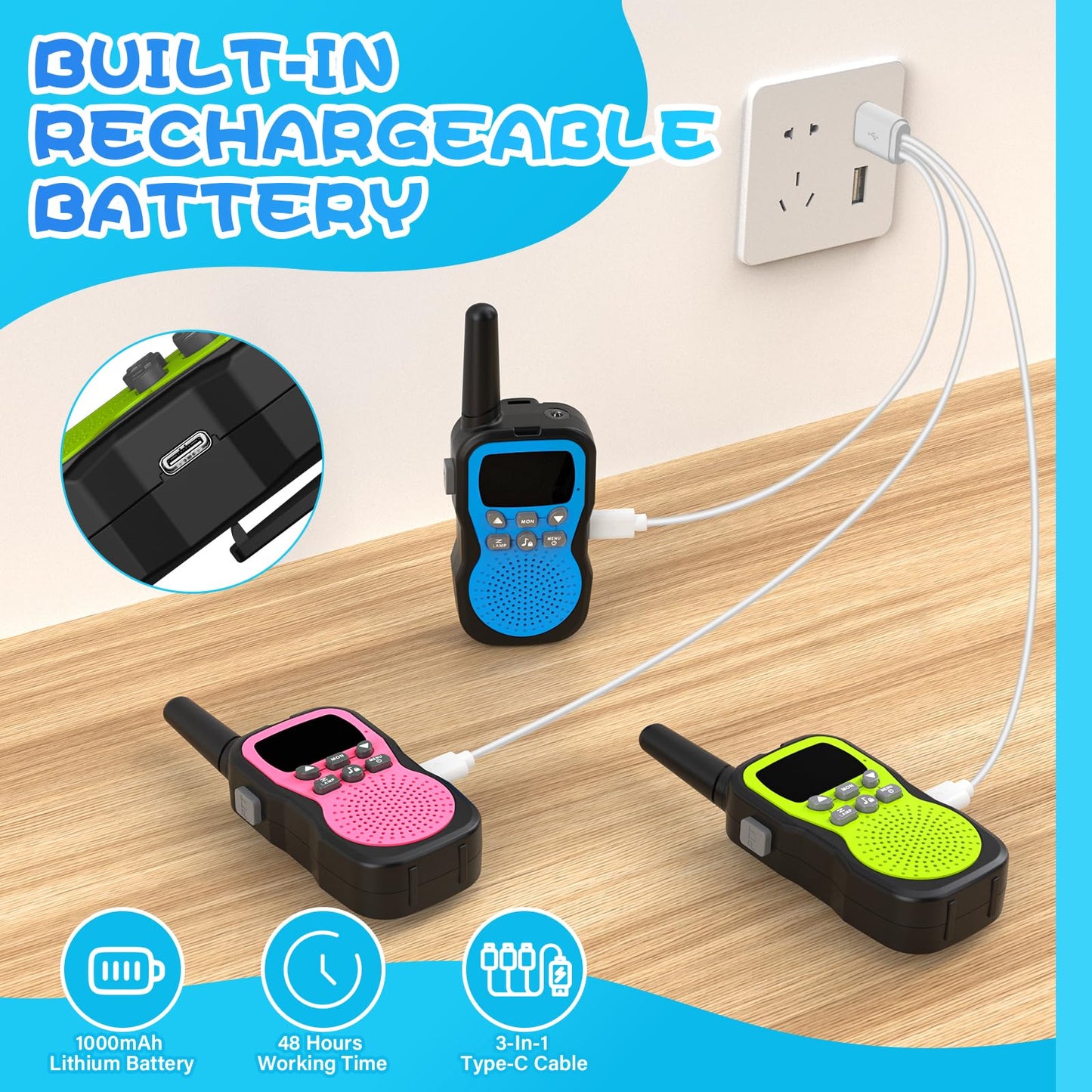 Talkie Walkie Enfants Rechargeable, Apkezel Talkie Walkie Longue Portée 3 KM avec Batterie 1000mAh, Ensemble de 3 Talki Walki avec Lampe de Poche VOX pour l'extérieur, Le Camping, La Randonnée