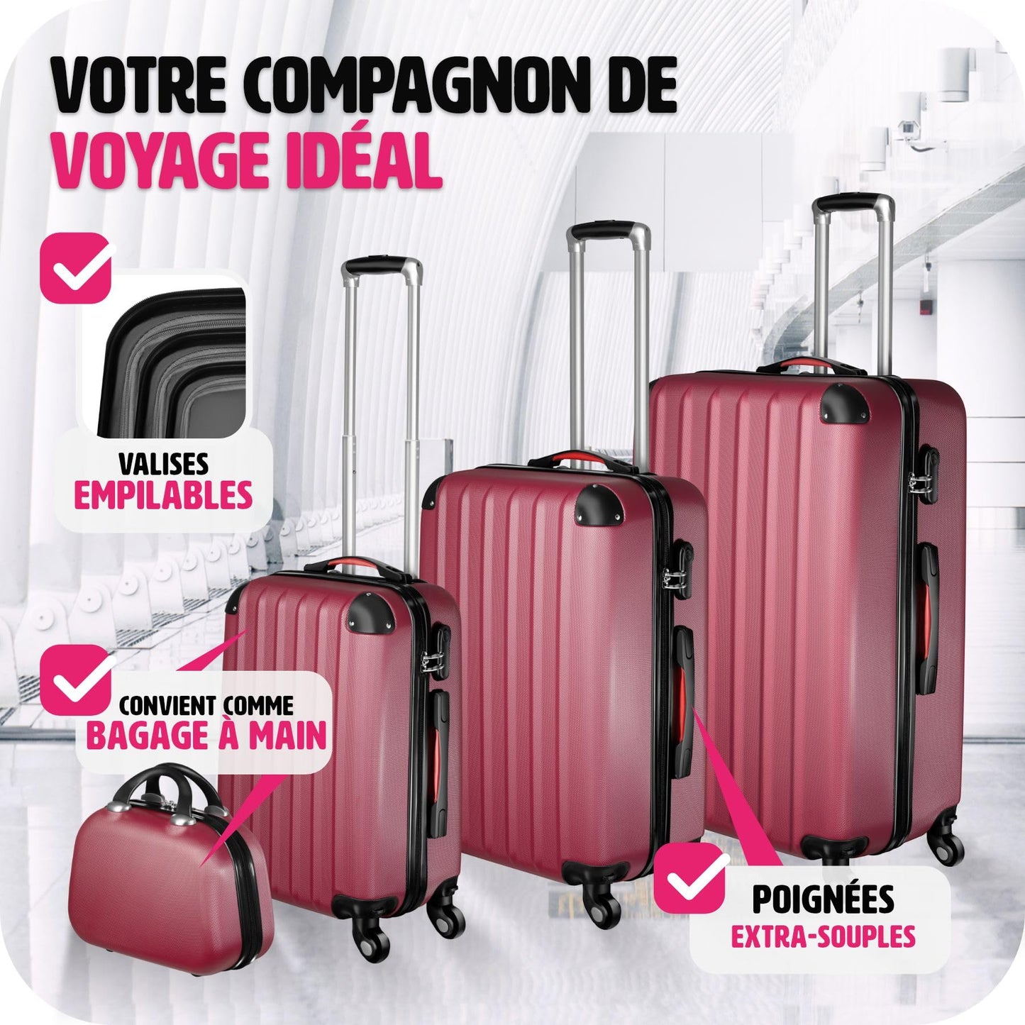 TecTake Lot de 4 Valises de Voyage Grande Taille Cabine Valise soute Multifonction en ABS Polypropylène, Valise de Voyage à roulettes avec Trousse de Toilette - Bordeaux