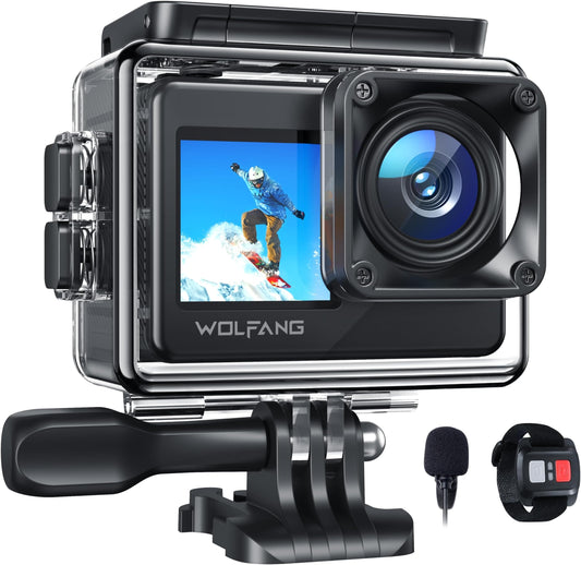 WOLFANG Caméra Sport 4K 20MP WiFi GA120, Caméra sous-Marine étanche 40M pour la Plongée en Apnée, Deux Écrans,Caméra Sport Grand Angle 170 °,EIS, Microphone Externe, Télécommande