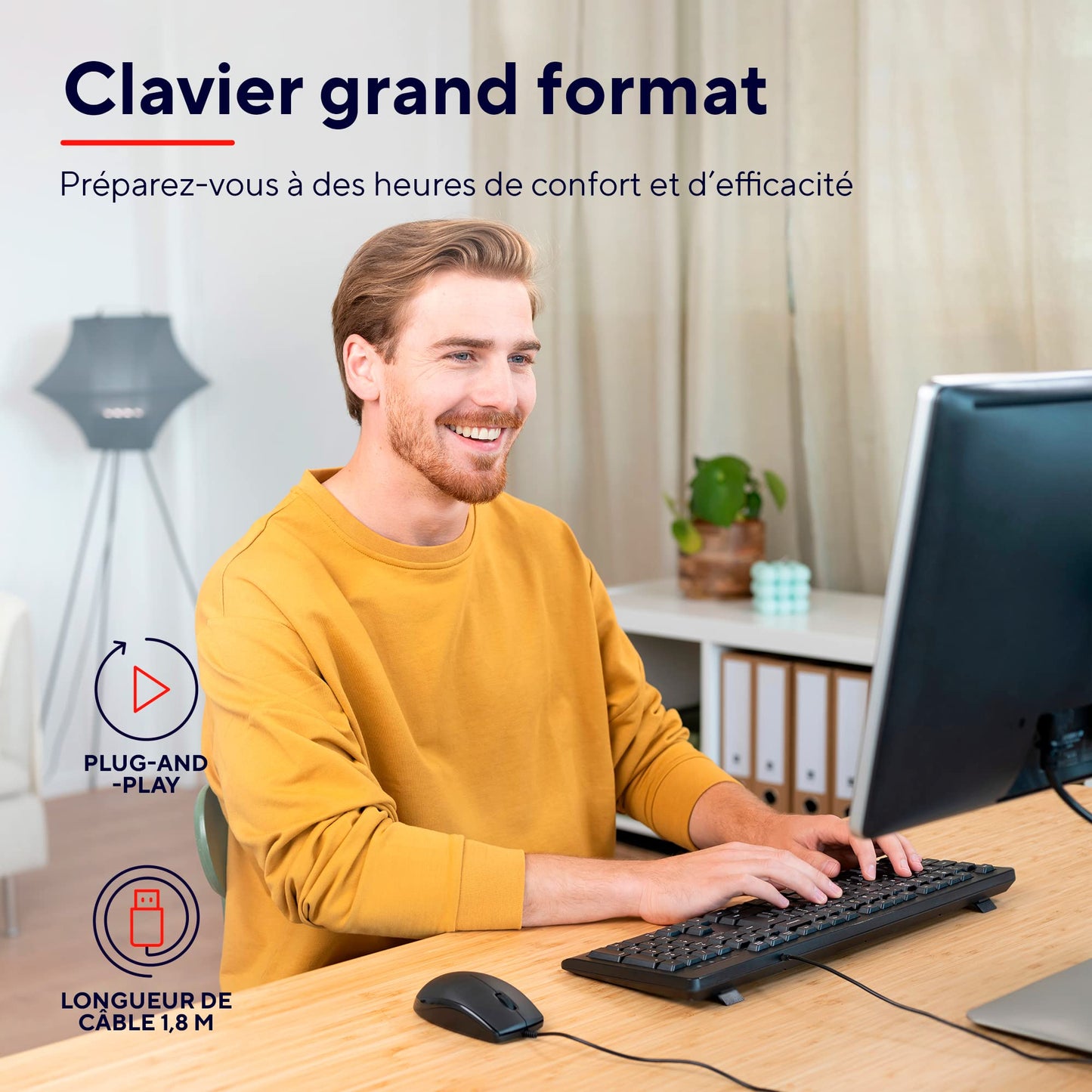 Trust Taro Clavier Filaire AZERTY Français, Résistant aux Éclaboussures, Silencieux, Câble USB de 1.8 m, Touches Plates, Clavier PC, Portable, Ordinateur, Windows, Mac OS - Noir