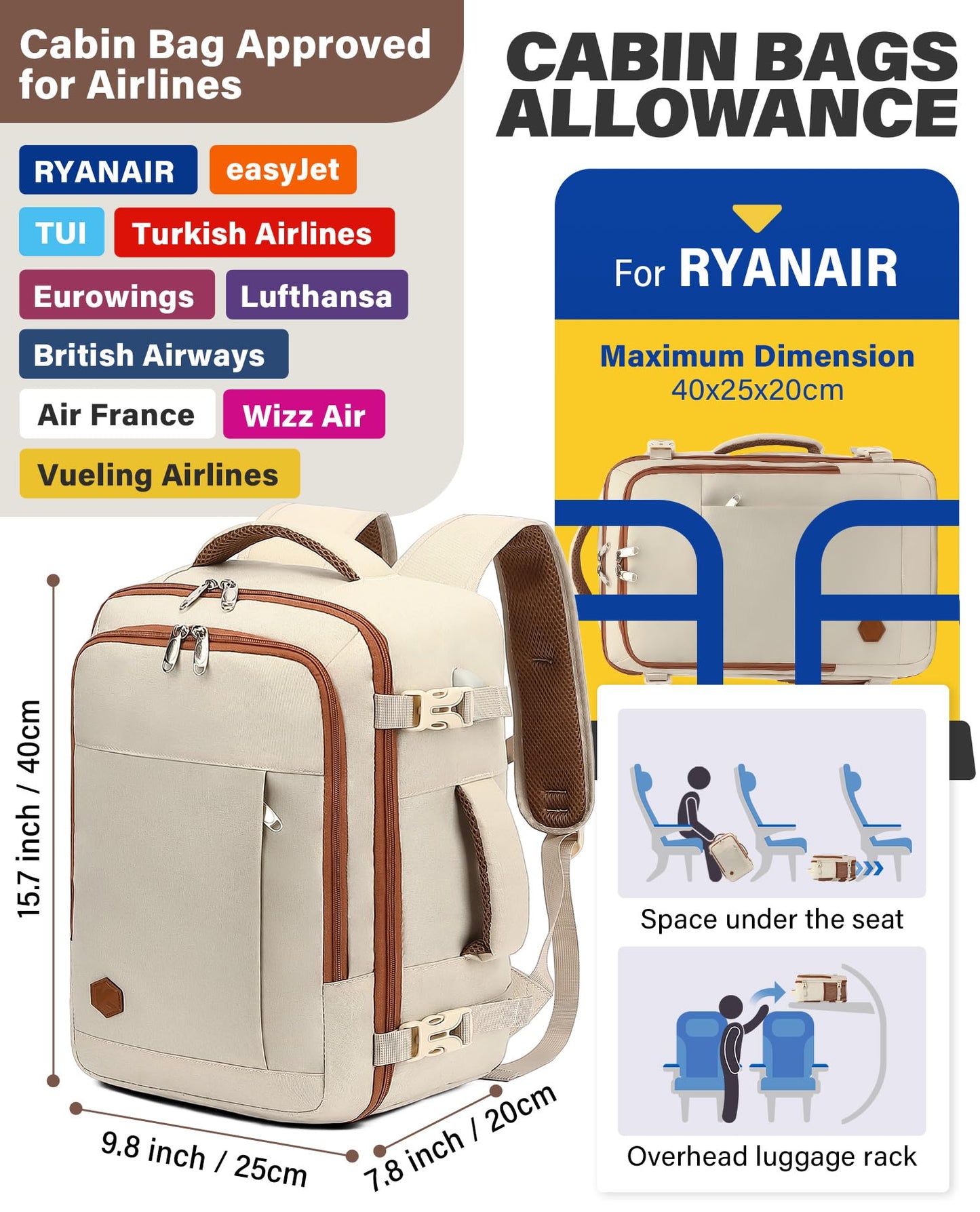 VANKEV Bagage Cabine 40x20x25 pour Ryanair Sac à Dos Voyage Cabine Avion Bagage à Main Femme Homme de Cabine 20L sous Siège Bagage Sac de Voyage pour Ordinateur Portable 14 Pouces beige