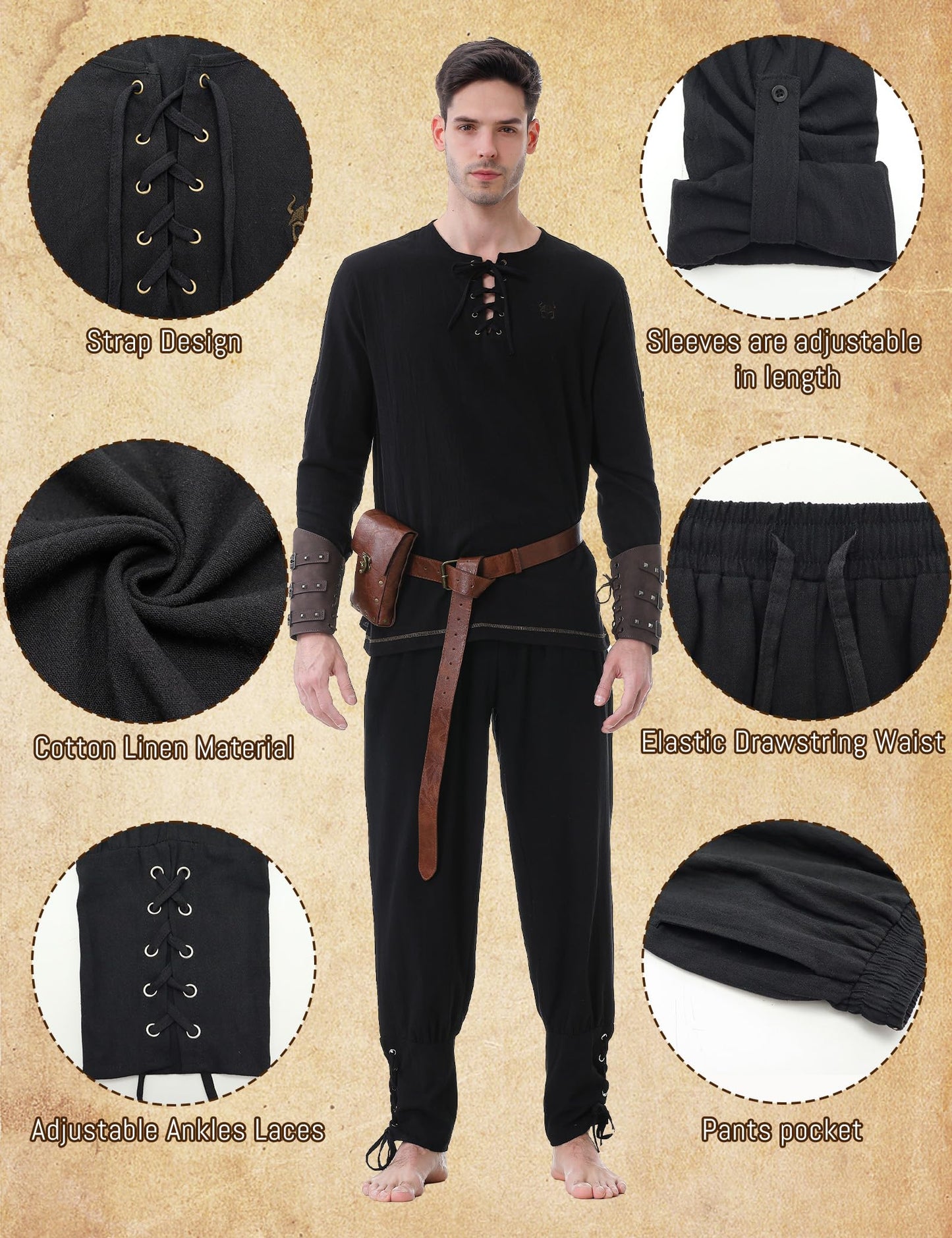 Hislovy Costume Médiéval Homme, Déguisement Médiéval de la Renaissance pour Carnavale Halloween Fête Cosplay, Noir, Grand