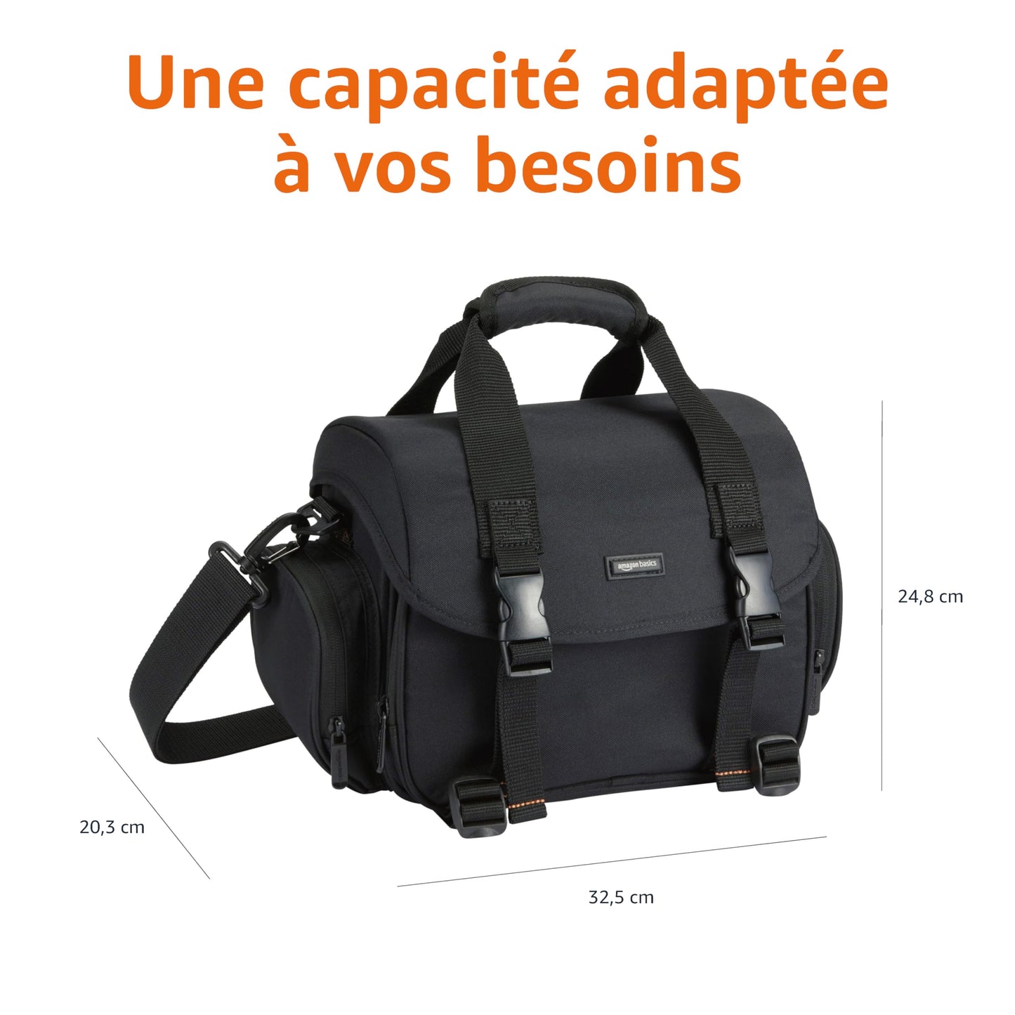 Amazon Basics - Sac à Épaule pour Appareil Photo SLR et Accessoires, Grand, Sangle Réglable, Imperméable, Antichoc, Uni, Taille L, Rembourré - Noir/Orange