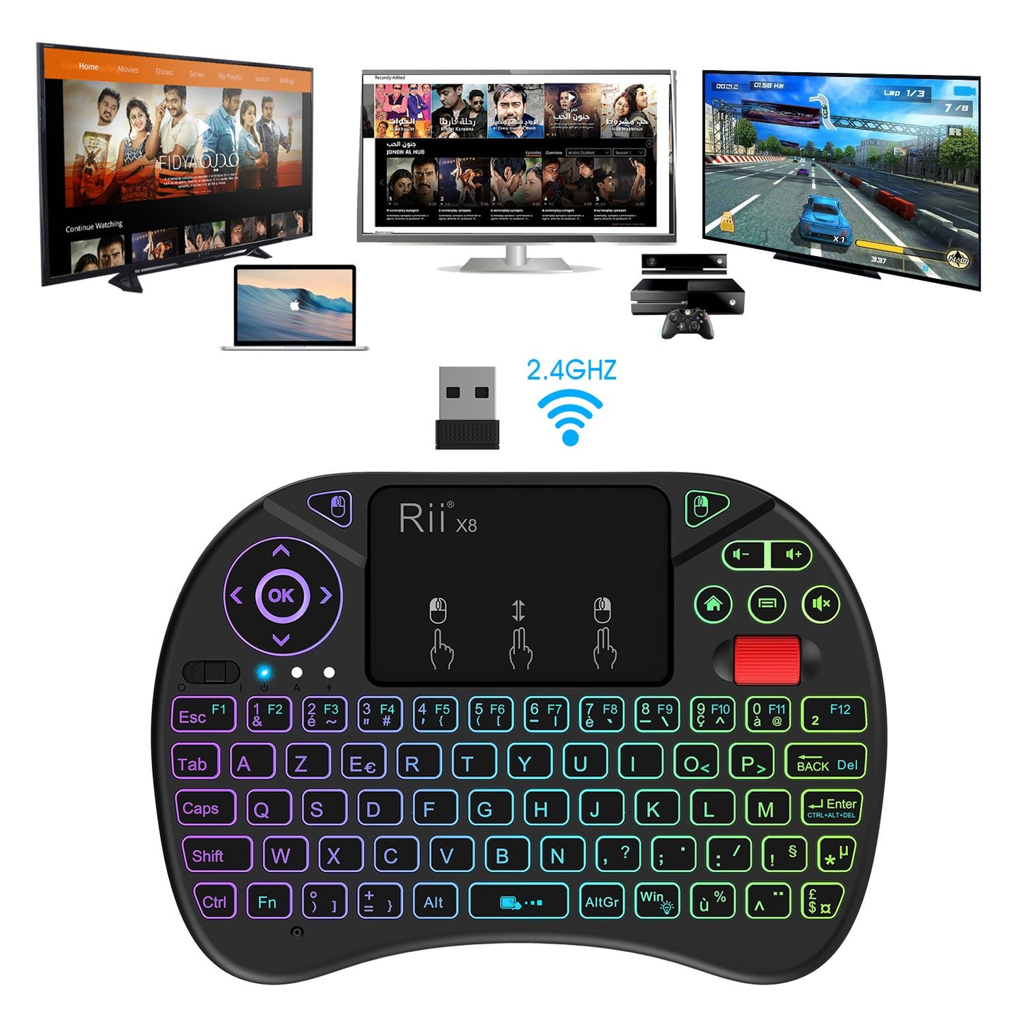 Rii Mini (Nouveauté) Clavier X8 Wireless Français Ergonomique sans Fil avec Touchpad pour Smart TV, Mini PC, HTPC, Console, Ordinateur