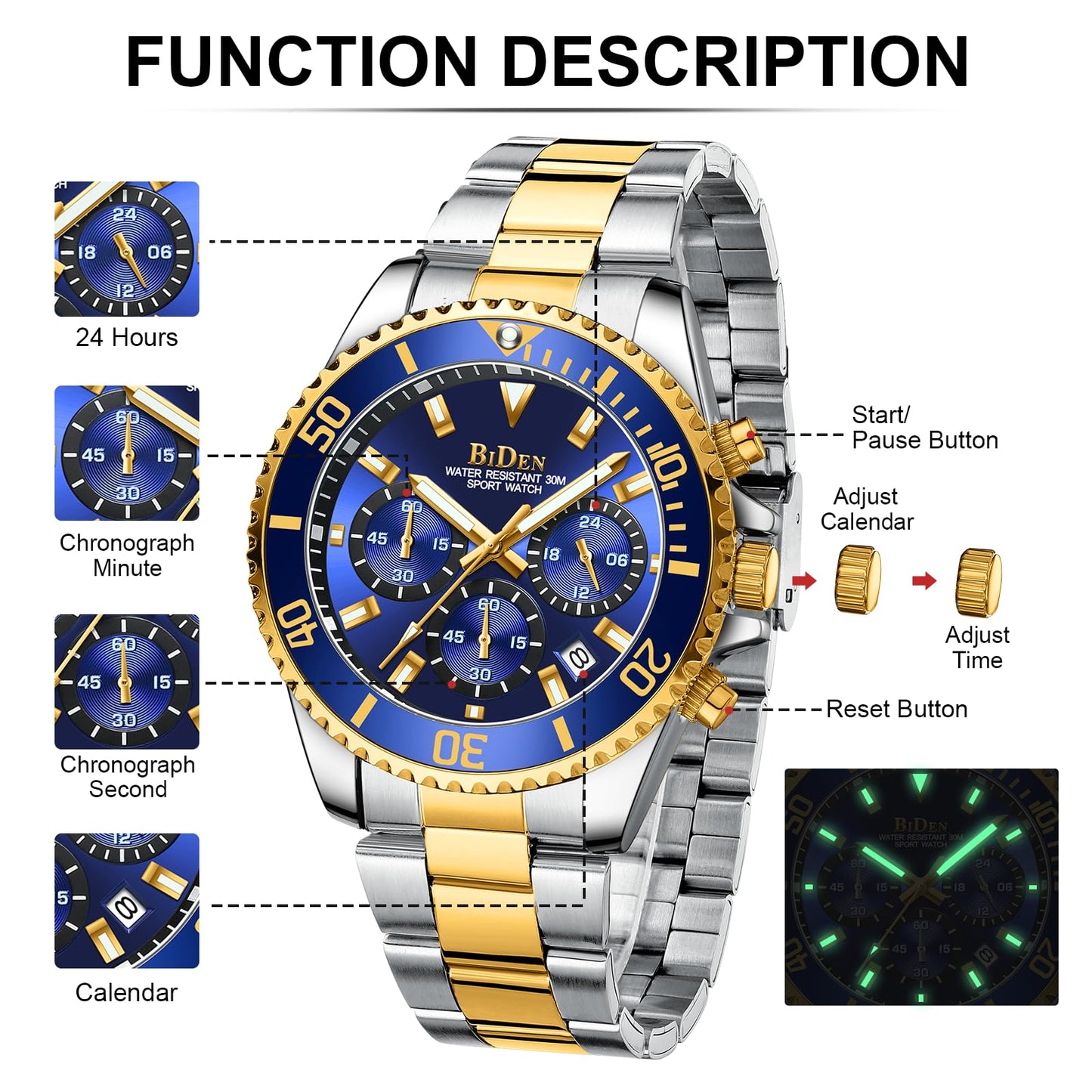 HANPOSH Montre Homme Montres Bracelets Etanche Design Analogique Chronographe Lumineuses Acier Inoxydable Cadran Calendrie Fashion