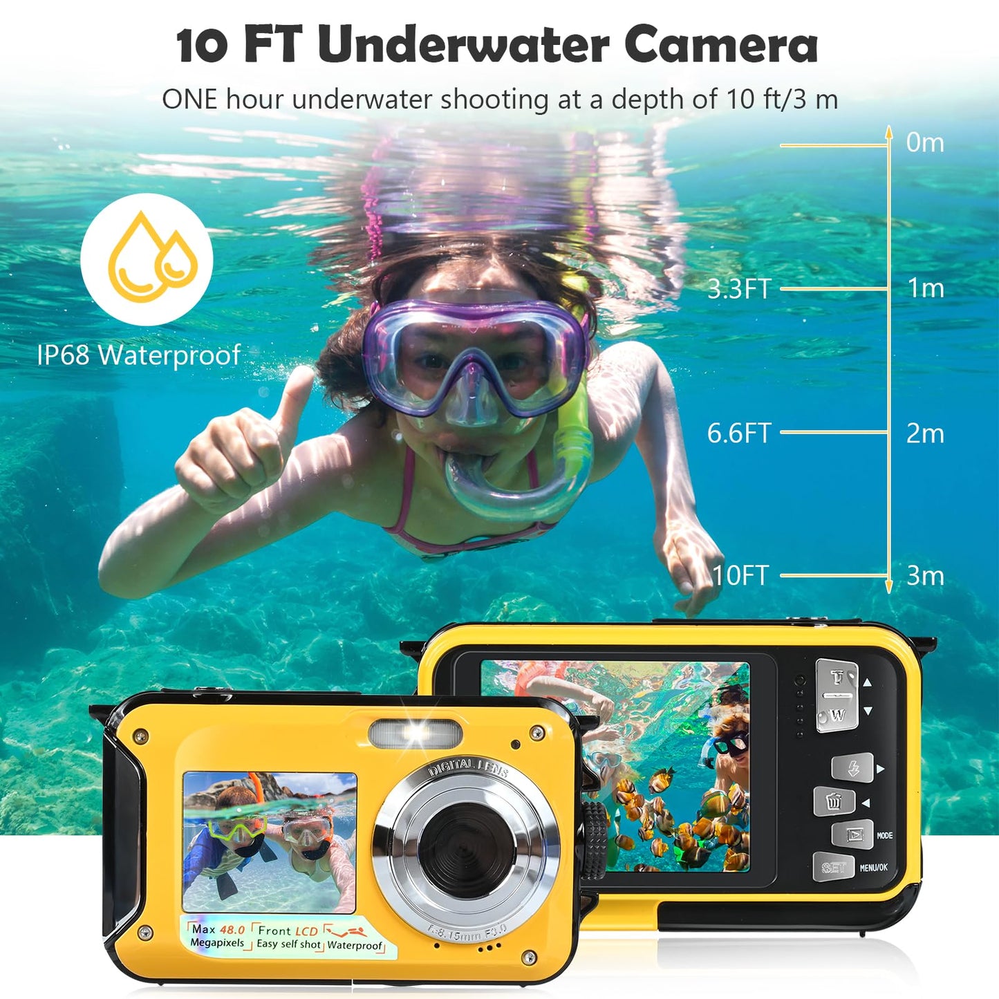 Appareil Photo Etanche, Comius Sharp Caméra Étanche 10FT, 30MP Photo FHD Vidéo 16X Digital Zoom avec Carte Mémoire 32G et Selfie Double Écrans pour Selfies sous l'eau, Plongée, Natation, Surf