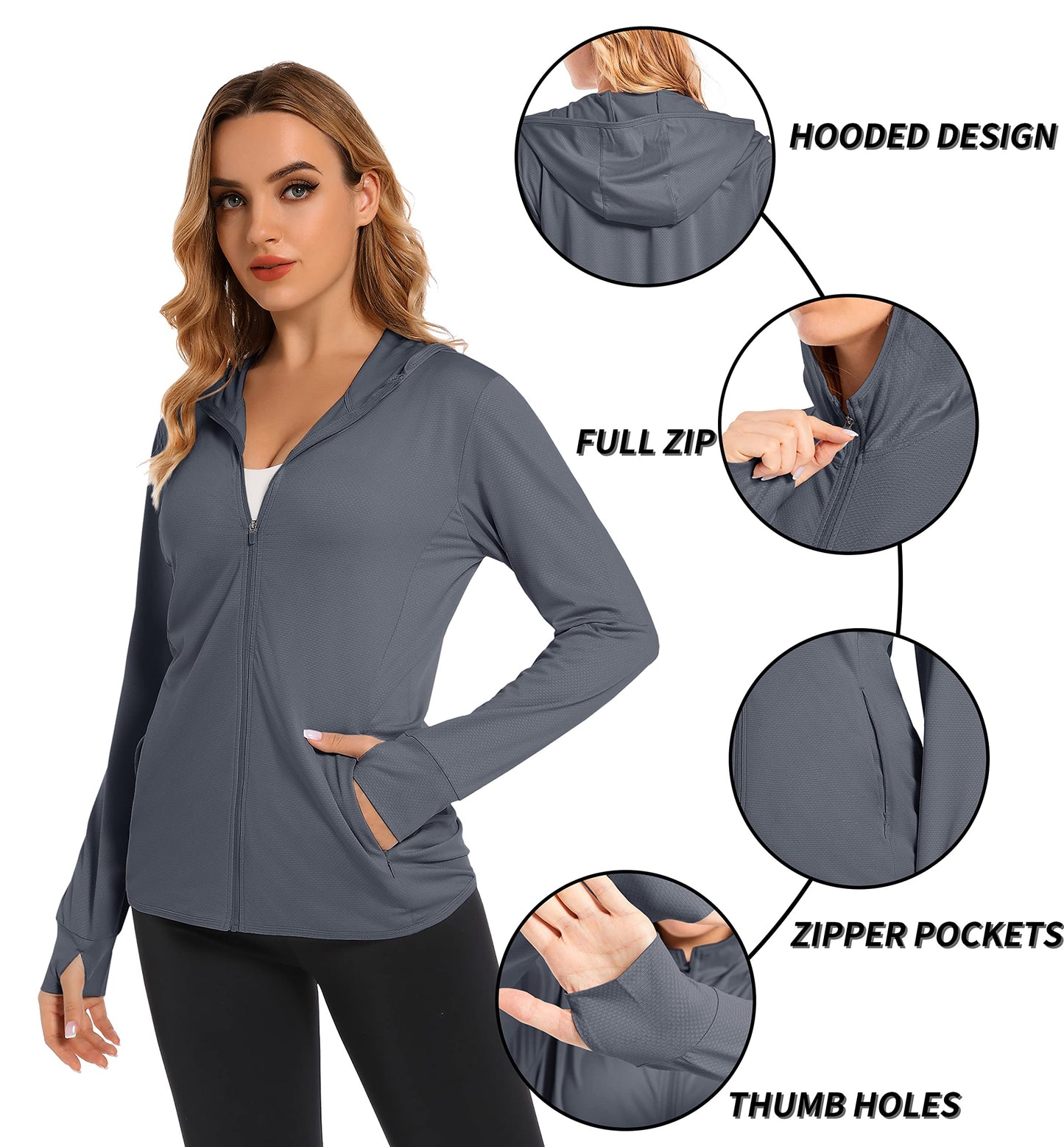 TACVASEN Veste pour Femmes Protection UV Léger Hoodies de La Plage pour Natation UPF 50+ Tops de Protection Sun Chemises de Full Zip Gris Foncé