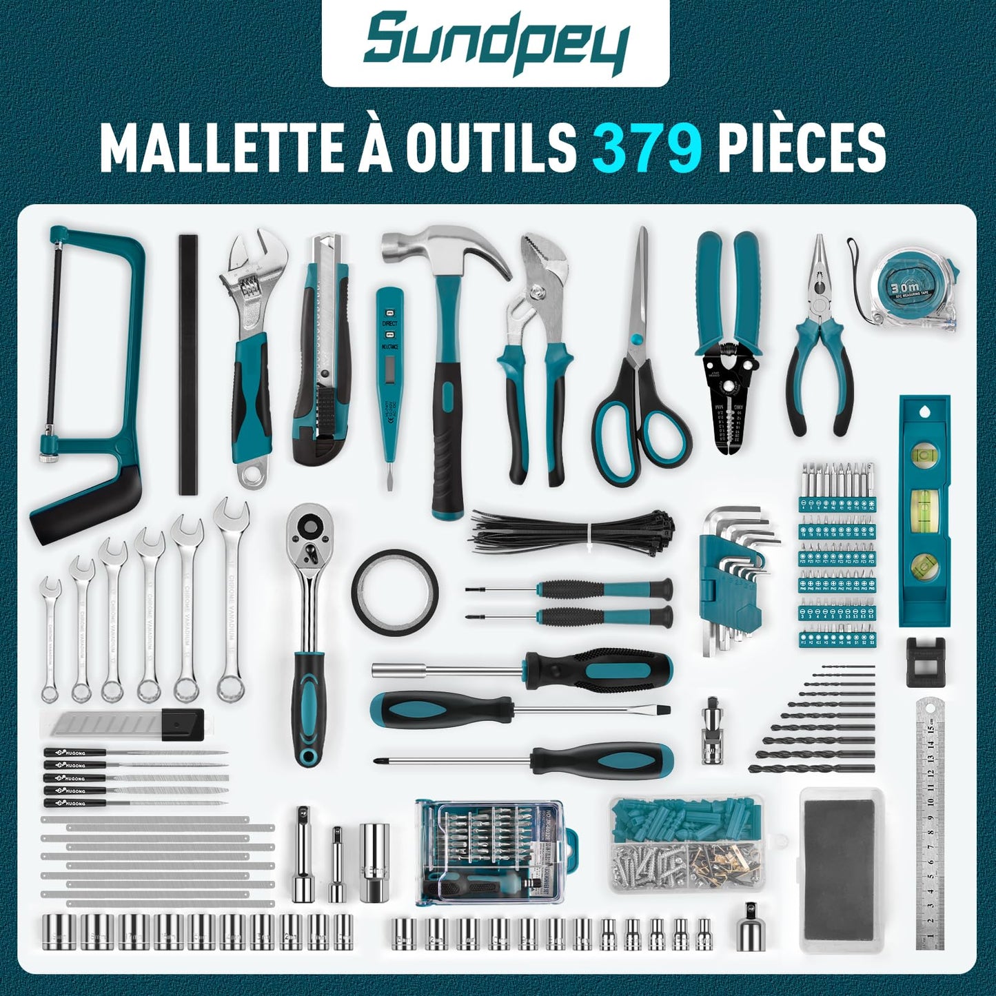 Sundpey Caisse a Outil Complete 379 Pièces - Boite a Outils Avec Tiroir Ménagers Généraux Malette Outils de Réparation Domestique/Auto Parfait pour Propriétaire Bricoleur Hommes et Femmes