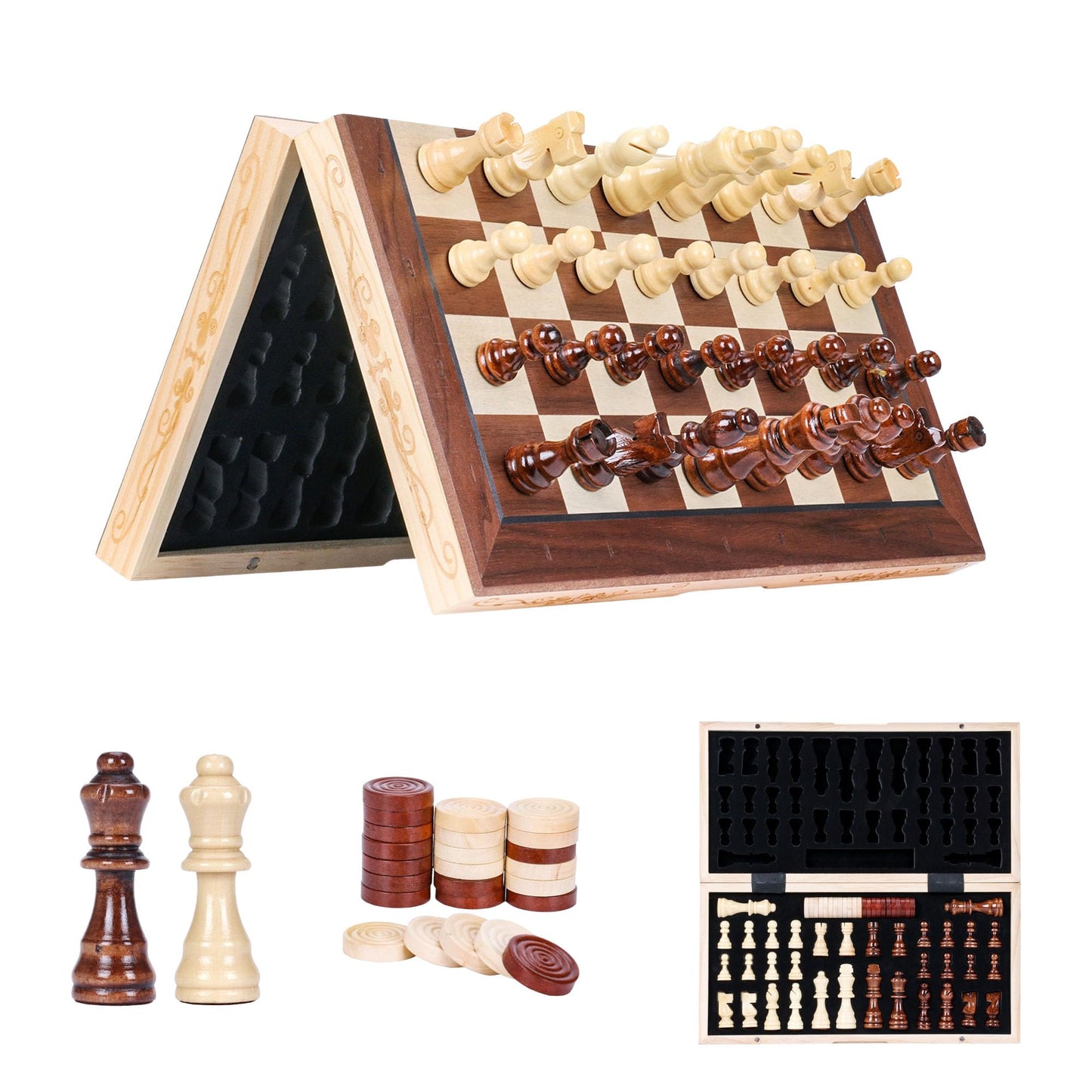 Syrace Magnétique Echiquier en Bois, Jeu d'échecs de Voyage Pliables, Échecs et Dames 2 en 1 avec Emplacements De pour Rangement, 40CM X 40CM…