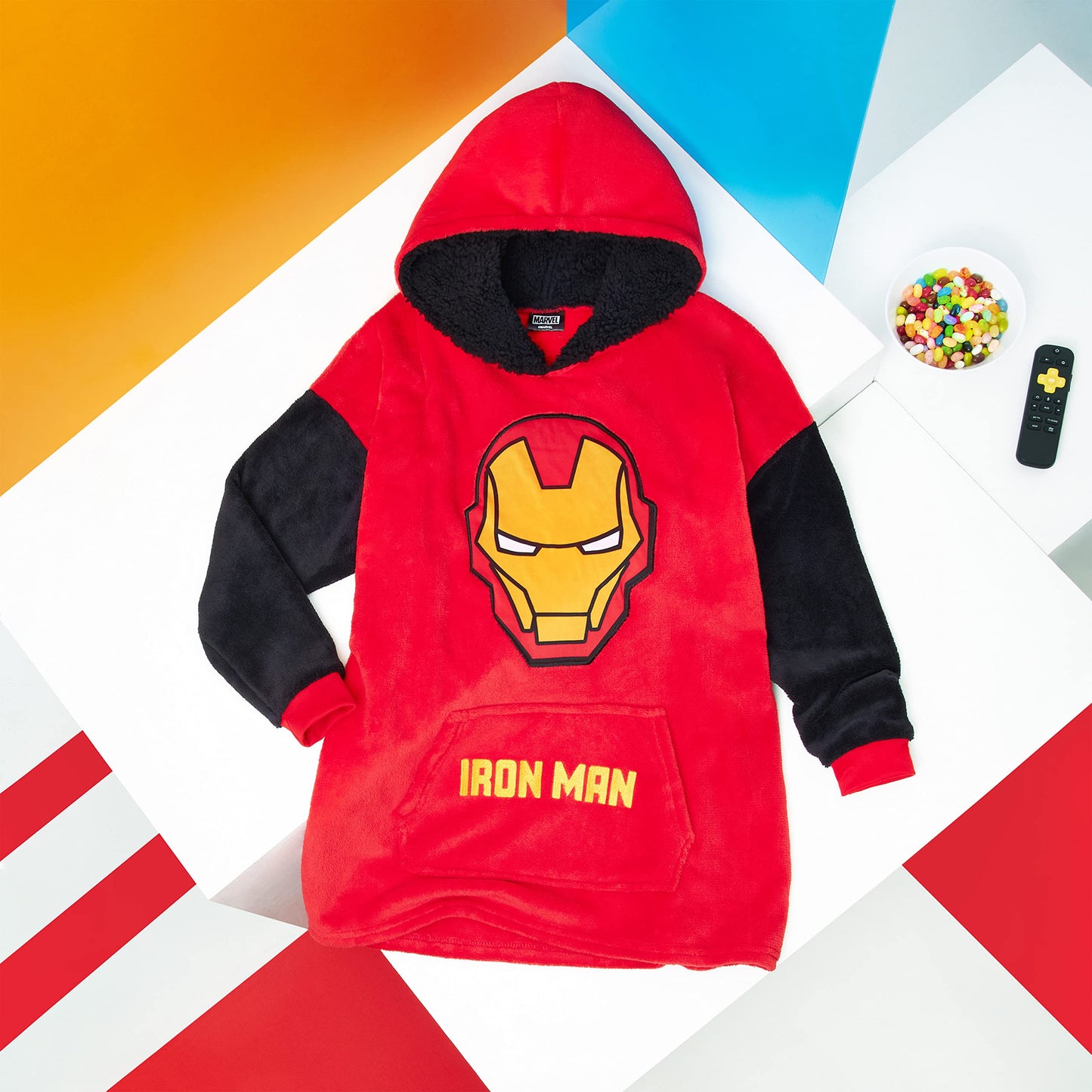 Marvel Spiderman Plaid Capuche Enfant Ado Couverture Polaire Portable Avengers Hulk Captain America Thor Hoodie Oversize Cadeau Garçon (Rouge Iron Man)