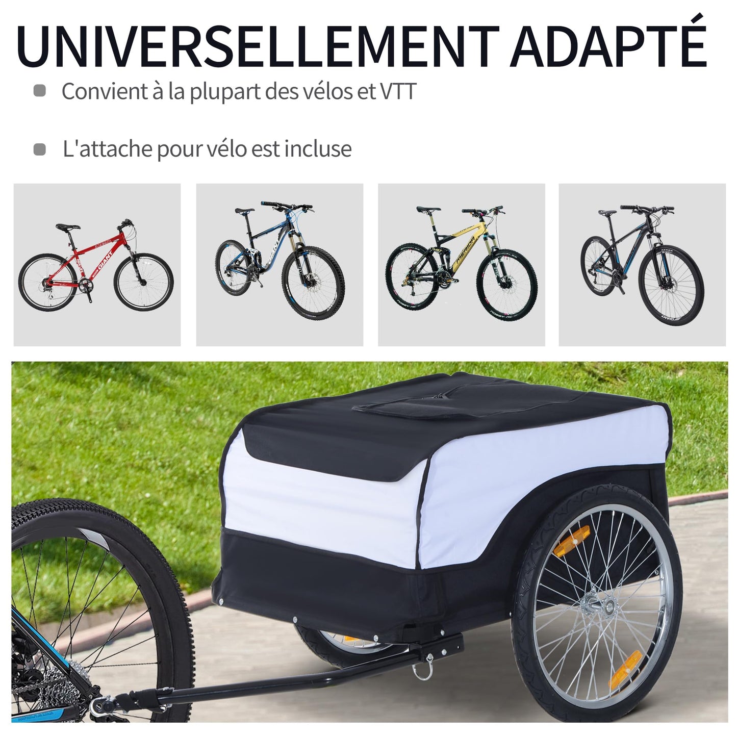 HOMCOM Remorque à vélo Cargo, châssis en Acier, Charge Max. 40 kg, avec Couvercle Amovible et attelage, Chariot de Transport, Bagage à vélo, 140 x 77 x 65 cm