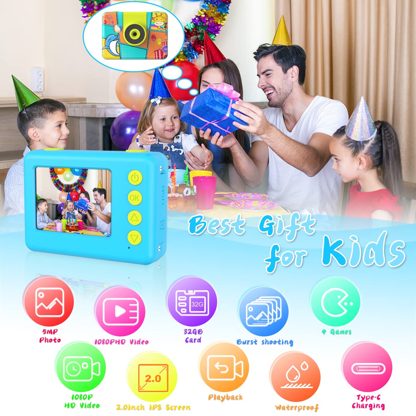 Appareil Photo Enfant Étanche, Rotative à 180° Appareil Photo Numérique pour Enfants,12M/1080P Caméra Vidéo d'action sous-Marine Enfants avec Carte SD 32GB pour 3-12 Ans Filles & Garçons Cadeau-Bleu