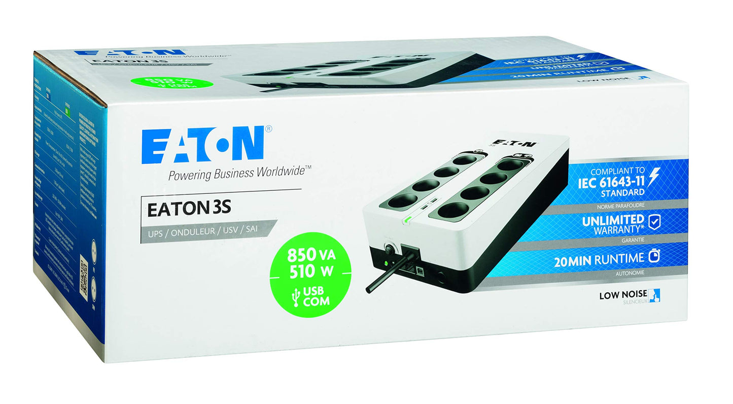 Eaton Onduleur Parafoudre 3S 850 FR - Off-line UPS - Alimentation Sans Interruption - Puissance 850VA (8 prises FR, Silencieux, 2 ports de charge USB Type-A) - Interface USB - Noir&Blanc