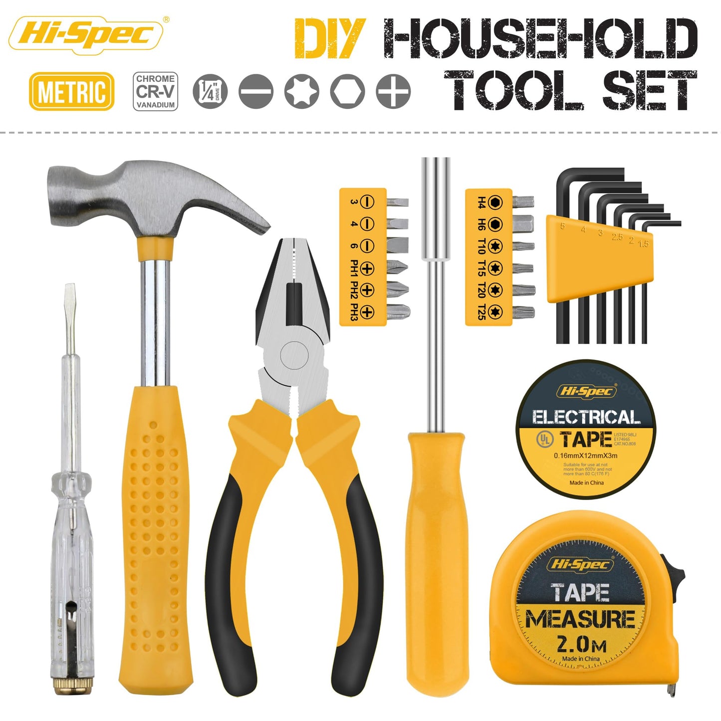 Hi-Spec Kit d'Outils DIY 24pc Jaune. Petite Boîte à Outils Idéale pour Débutants, pour la Maison & le Bureau