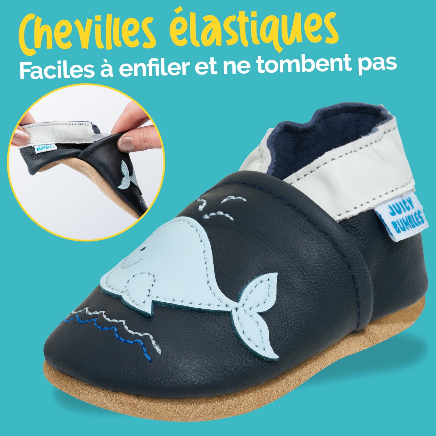 Juicy Bumbles Chausson Cuir Bébé Garcon Chaussons Cuir Souple Bébé Baleine Bleue 6-12 Mois