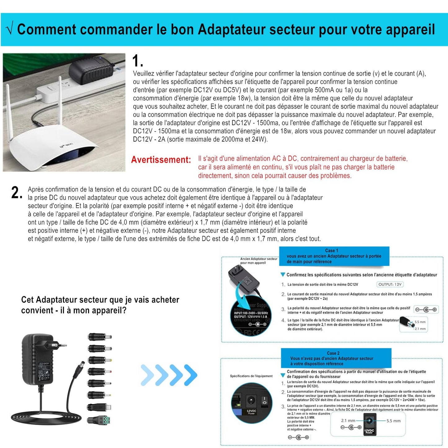 Adaptateur Secteur 9V 2A, AC220V 230V Pilote d'alimentation avec Adaptateur 8 Prises DC9V 2000mA 1500mA 1000mA 500mA Chargeur convertisseur Sans Fil AC-DC (DC9V~2A)