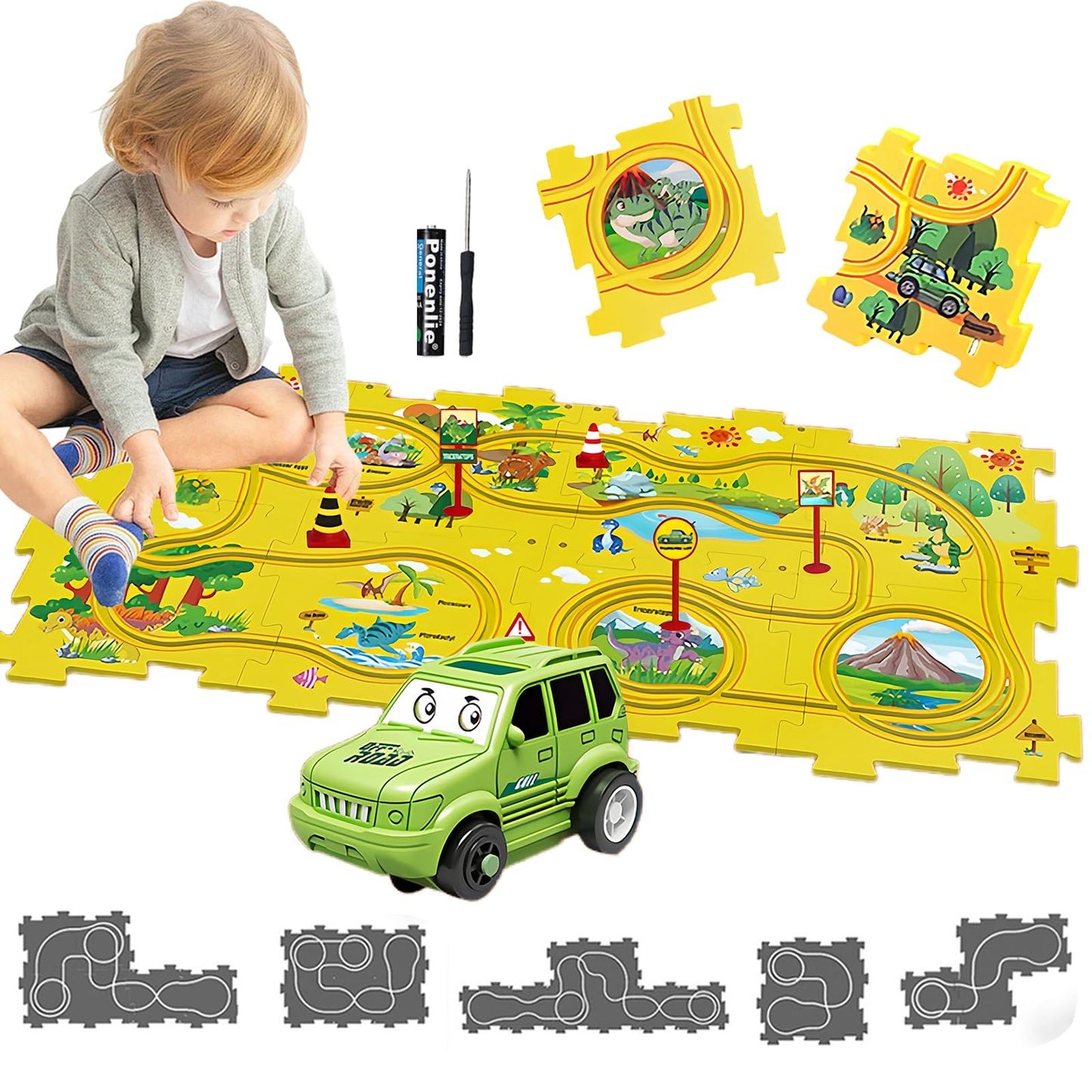 Circuit Voiture Enfant Jouet Enfants DIY Piste de Puzzle Itinéraire Jeu éducatif Cadeaux Jeux Enfants 2 3 4 5 6 Ans (Dinosaure)