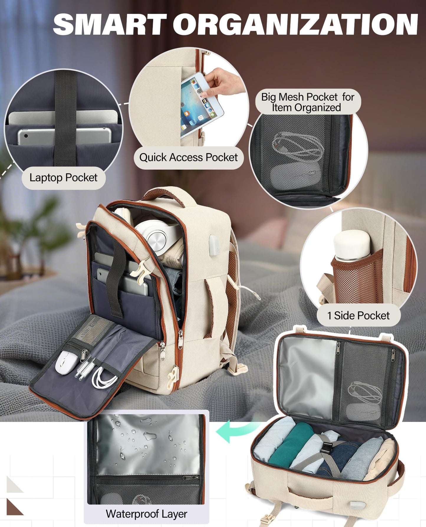 VANKEV Bagage Cabine 40x20x25 pour Ryanair Sac à Dos Voyage Cabine Avion Bagage à Main Femme Homme de Cabine 20L sous Siège Bagage Sac de Voyage pour Ordinateur Portable 14 Pouces beige