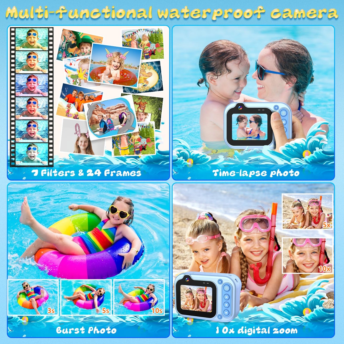 Appareil Photo Numérique Etanche 10FT 1080P Full HD 26MP Camera Etanche, 10X Zoom Numérique Caméras Étanches pour Plongée en Apnée, Selfies sous-Marins, Natation, Plage, Parc Aquatique - Bleu