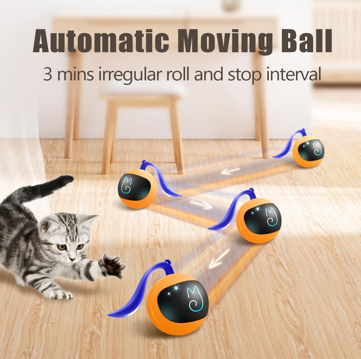 Migipaws Ensemble de Jouets interactifs pour Chat, traqueur Amusant, Balle de Poursuite Automatique à Rouler avec Queue Moelleuse, Une Petite Souris, Rechargeable (Orange)