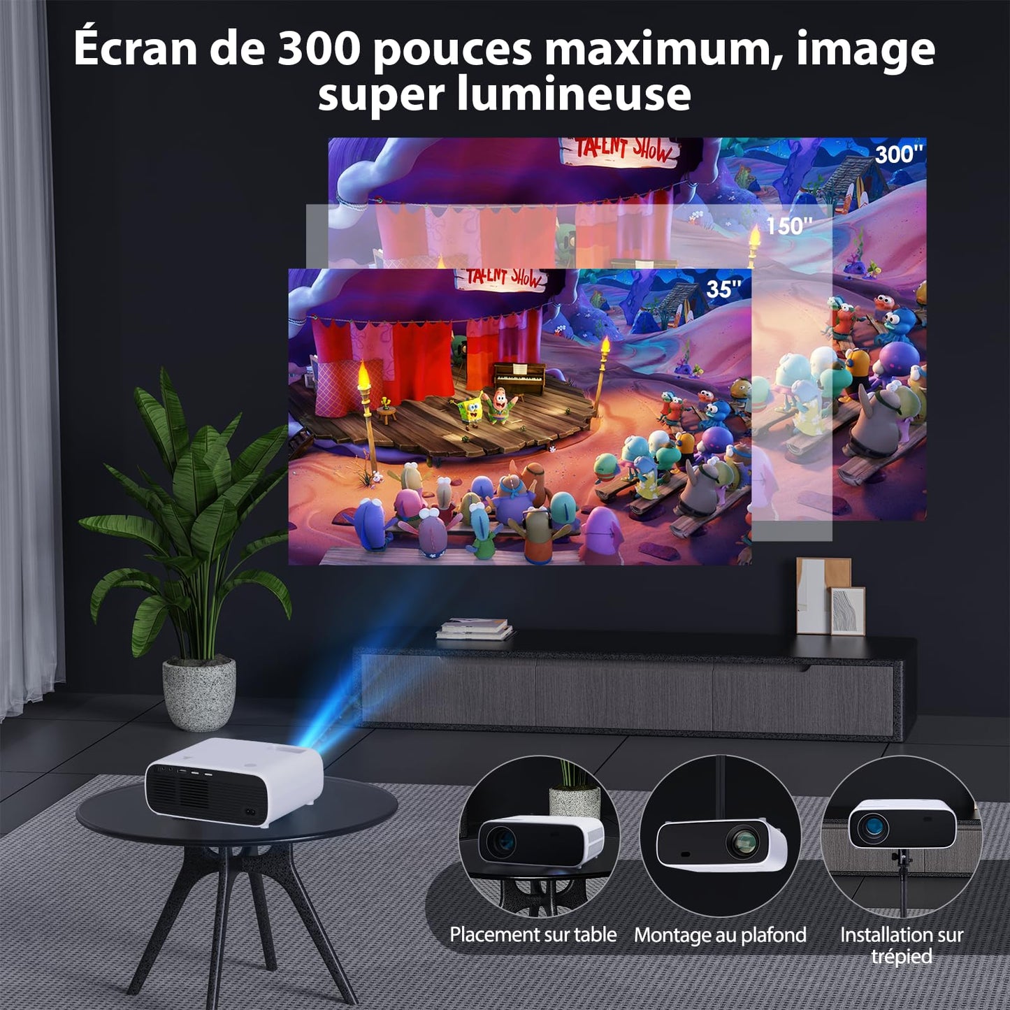 2025 Nouveau Mini projecteur, Videoprojecteur Full HD 18000 lumens, Retroprojecteur résolution 1080P, supporte la 4K, avec Bluetooth et WiFi, Compatible iOS/Android / PS5(Noir)