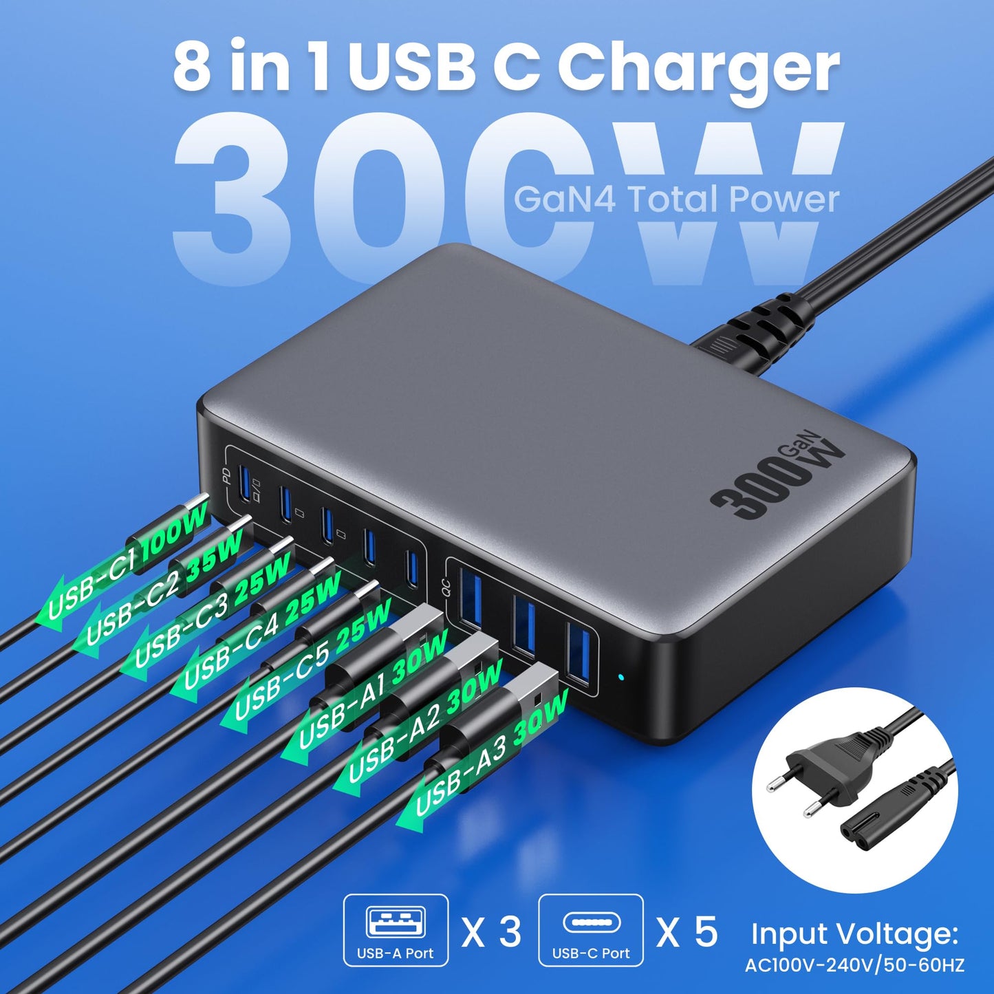 300W Chargeur USB C avec 8 Ports GaN Ⅳ Tech, 100W Chargeur Rapide PD QC PPS Prise USB C Multiple Station de Charge Compatible avec MacBook Pro/Air Laptop, iPhone, iPad Pro, Galaxy, SteamDeck-Noir