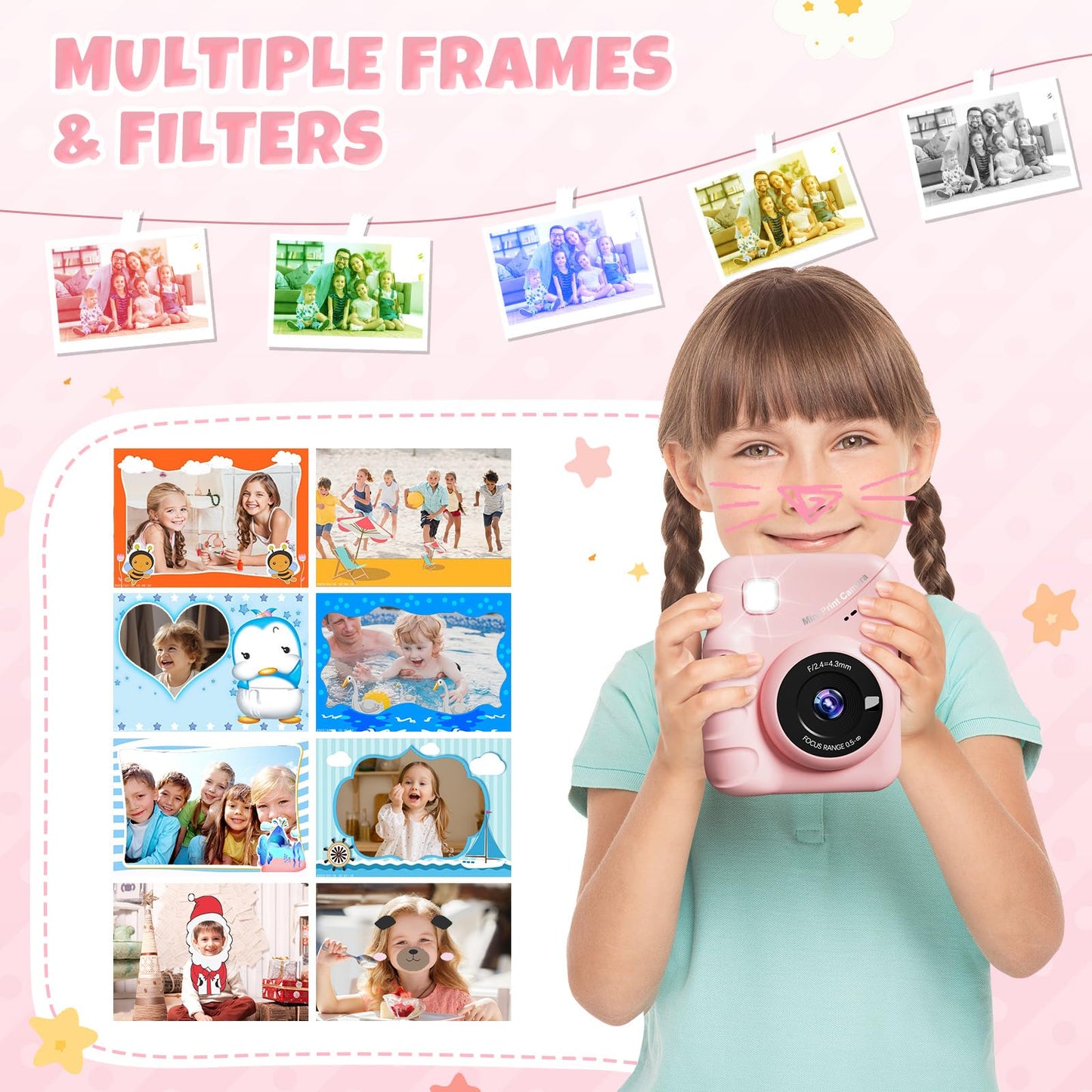 CalineGam Appareil Photo Instantané Enfant, 3,0 Pouces Écran HD 48MP Appareil Photo Enfants avec Carte 32 Go, 1080P Appareil Photo Jouet Cadeau pour Garçons Filles de 3 à 12 Ans (Rosa)