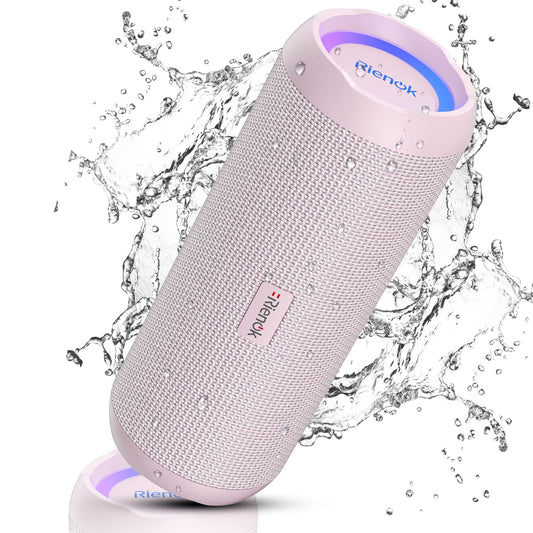 RIENOK Enceinte Portable Bluetooth aux Basses Renforcées, 30H, Bluetooth 5.3, 30W Enceinte Puissante, IPX7, AUX, TF Carte, pour Fêtes/Voyage/Extérieur, Rose