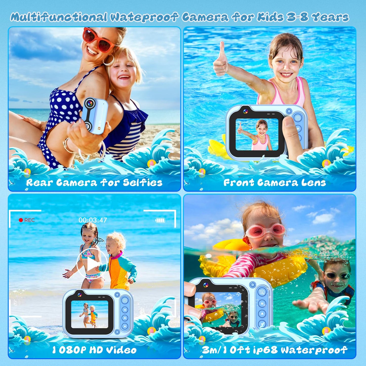 Appareil Photo Numérique Etanche 10FT 1080P Full HD 26MP Camera Etanche, 10X Zoom Numérique Caméras Étanches pour Plongée en Apnée, Selfies sous-Marins, Natation, Plage, Parc Aquatique - Bleu