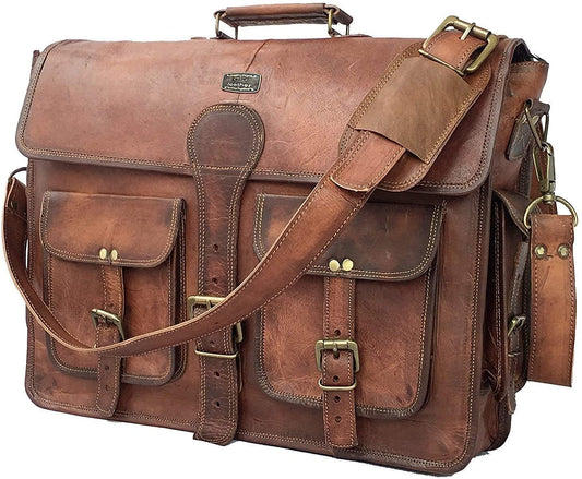 DHK Sac à bandoulière vintage fait main en cuir pour homme 45,7 cm, marron, Large