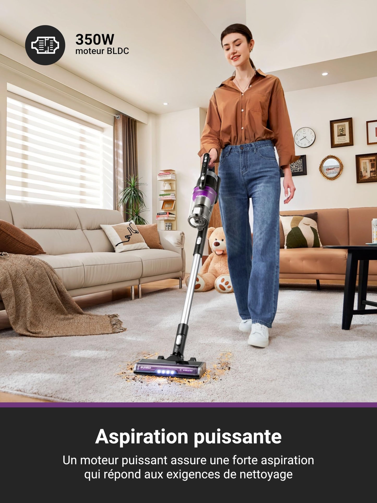 Eureka Stylus Elite Aspirateur Balai sans Fil avec Base,Aspiration 24000 Pa,Vidage Automatique du Bac à Poussière avec Sac de 3 L,Aspirateur sans Fil Brosse Anti Enchevêtrement,Autonomie 60 Min