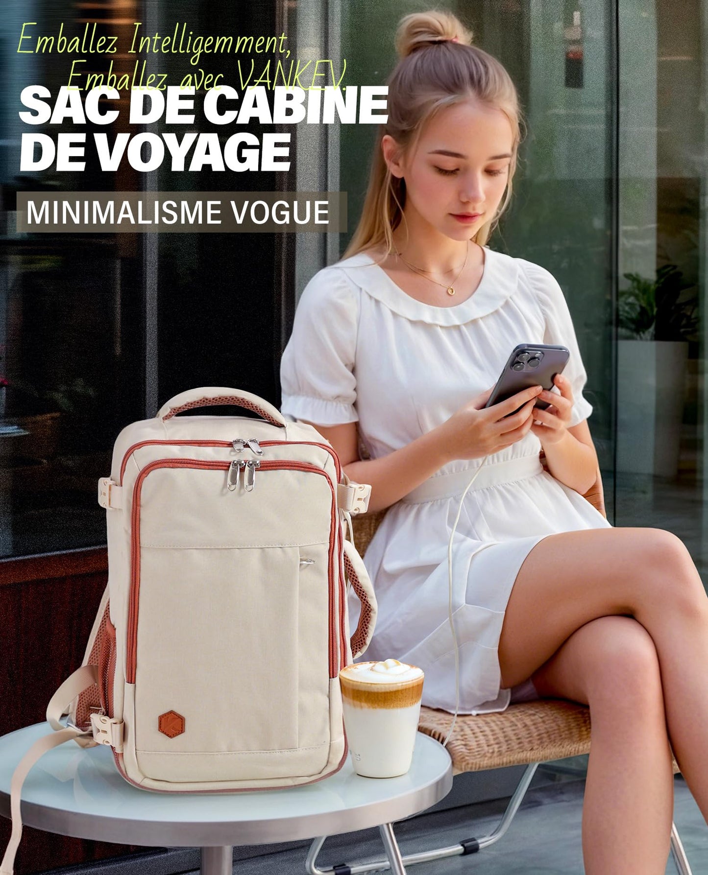 VANKEV Bagage Cabine 40x20x25 pour Ryanair Sac à Dos Voyage Cabine Avion Bagage à Main Femme Homme de Cabine 20L sous Siège Bagage Sac de Voyage pour Ordinateur Portable 14 Pouces beige