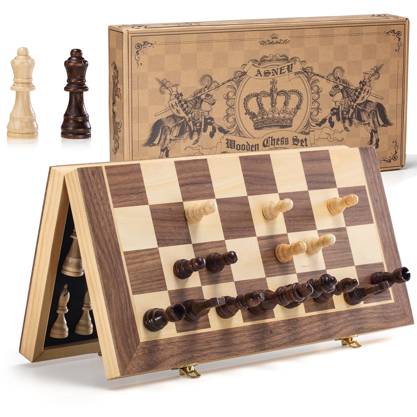 ASNEY Jeu D'Échecs Magnétique Amélioré, Jeu D'Échecs en Bois De Tournoi De 15 "Staunton avec Pièce D'Échecs Artisanale Et Emplacements De Rangement pour Enfants Adultes