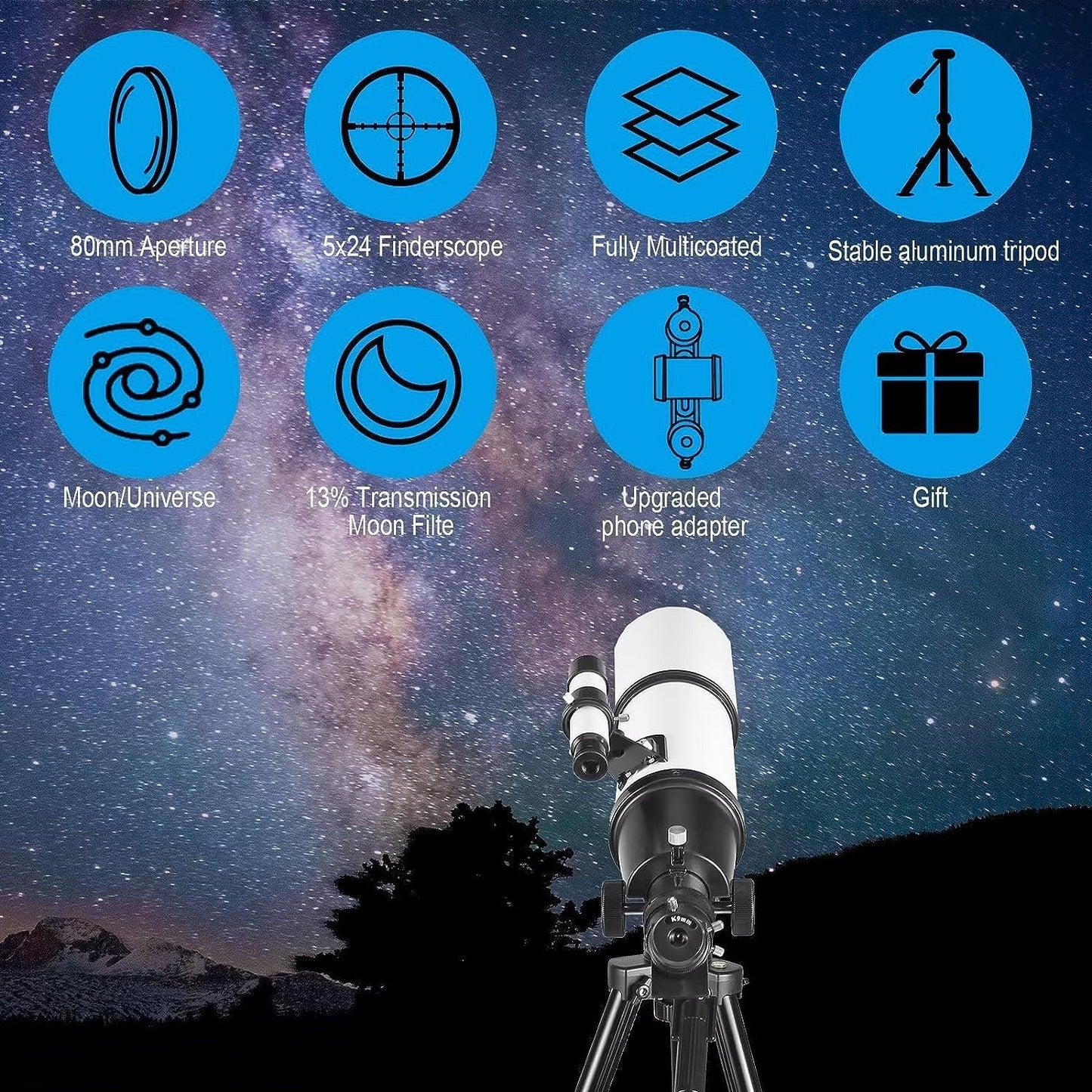 CELTICBIRD Télescope 80 mm, Ouverture 600 mm pour Adultes débutants en Astronomie – Télescope réfracteur astronomique Portable entièrement Multicouche à Haute Transmission, Monture AZ