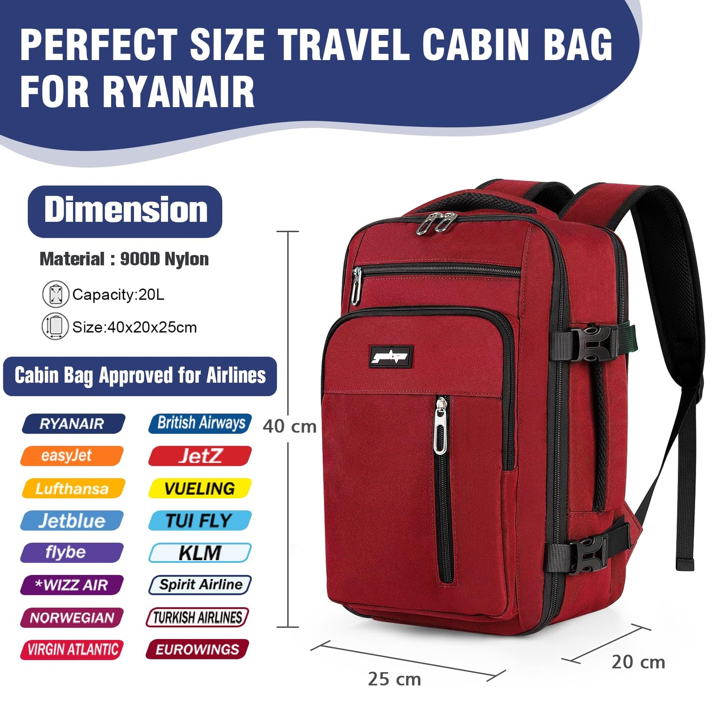 YOKGO Sac a Dos Voyage Cabine Avion,Sac à Dos 40x20x25 Ryanair,Sac à Dos pour Ordinateur Portable 15,6”Sac a Dos Cabine Valise Cabine Bagages sous de Siège Travel Backpack pour Homme,Femme(Rouge)