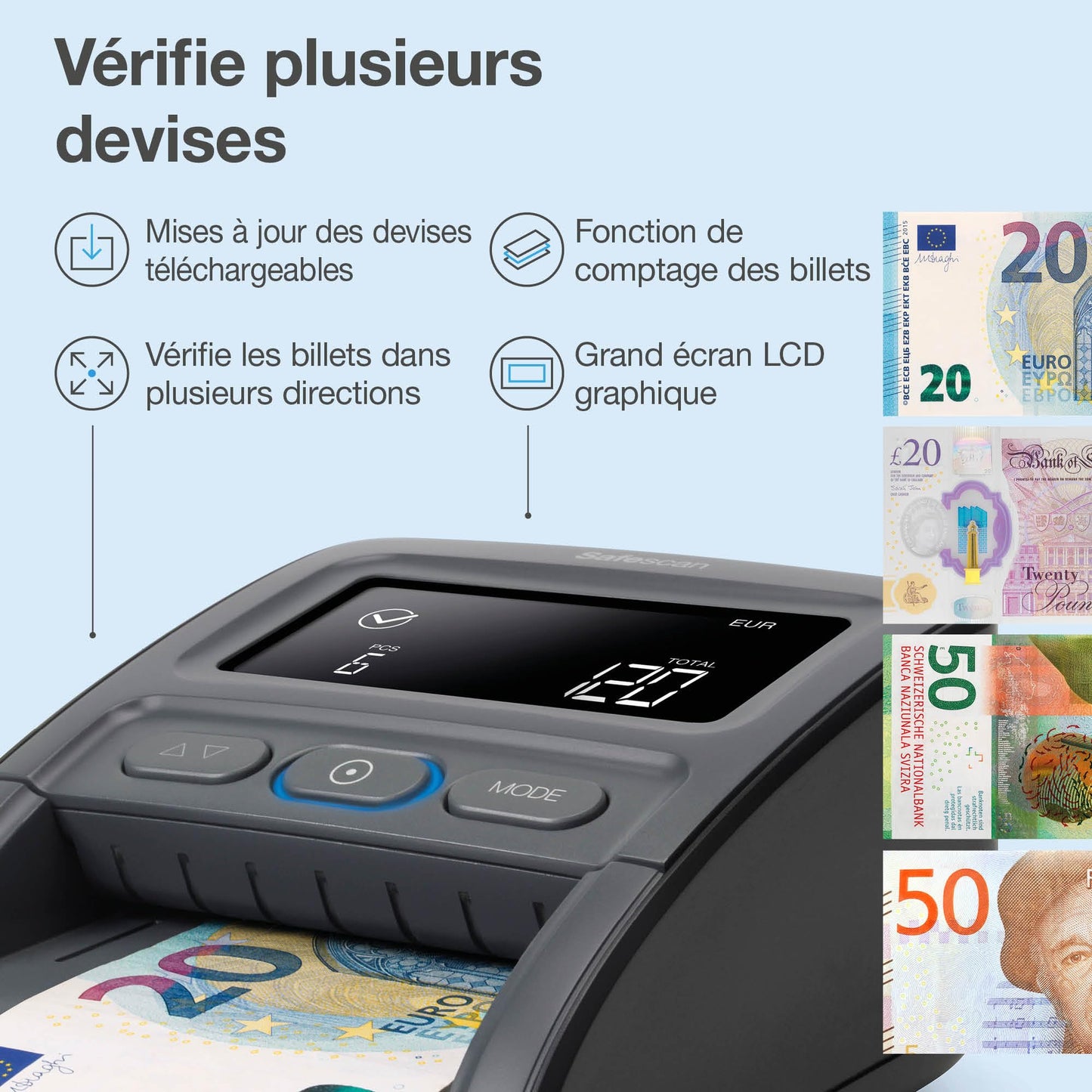 Safescan 155-S - Détecteur automatique de faux billets qui vérifie les billets dans quatre positions avec une précision de 100 % - Pour plusieurs devises, 112-0668