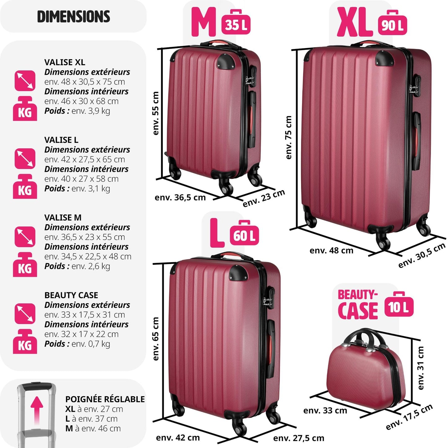 TecTake Lot de 4 Valises de Voyage Grande Taille Cabine Valise soute Multifonction en ABS Polypropylène, Valise de Voyage à roulettes avec Trousse de Toilette - Bordeaux