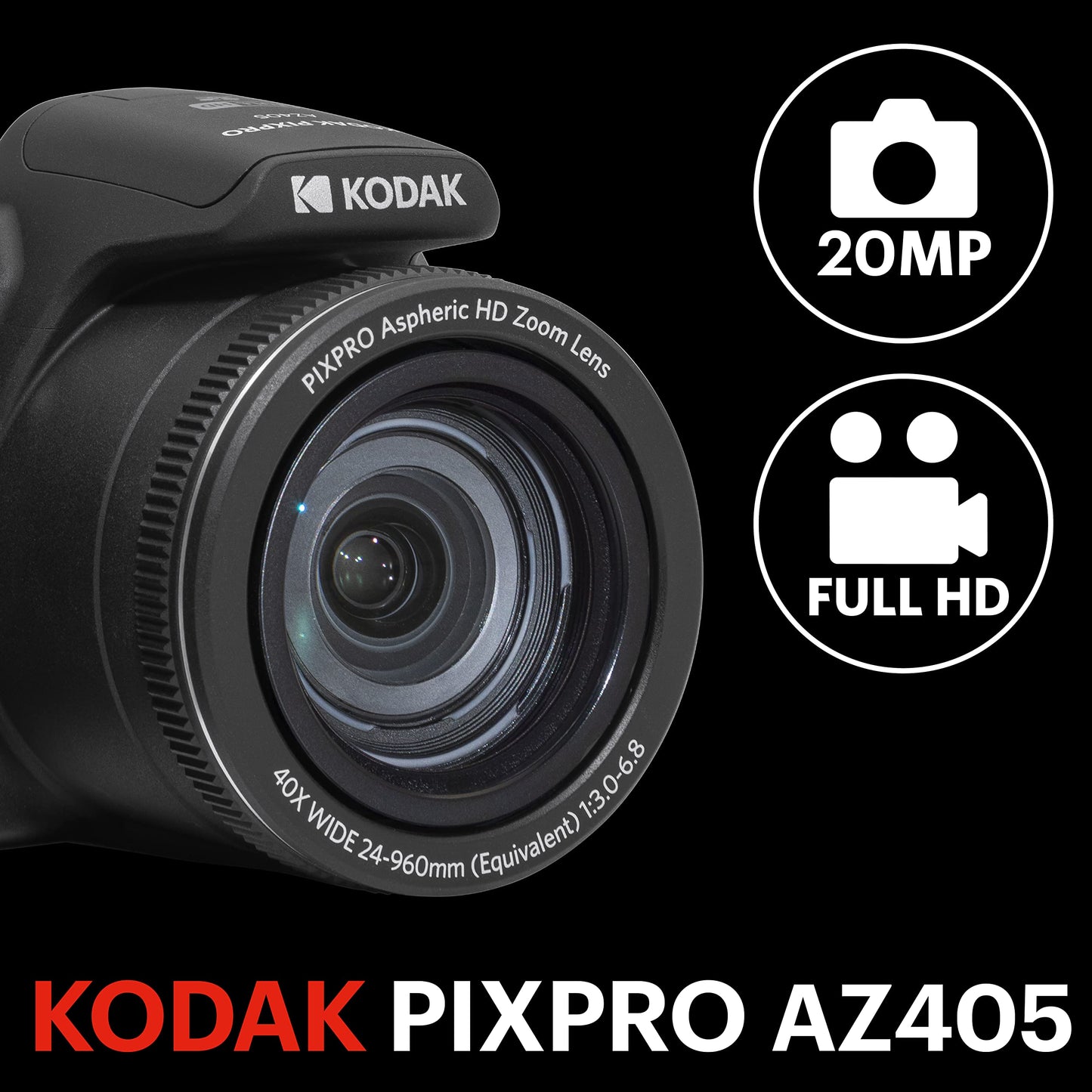 KODAK Pixpro Astro Zoom AZ405 - Appareil Photo Numérique Bridge, Zoom 40X, Grand angle de 24 mm, 20 mégapixels, LCD 3, Vidéo Full HD 1080p, OIS, Pile AA - Noir