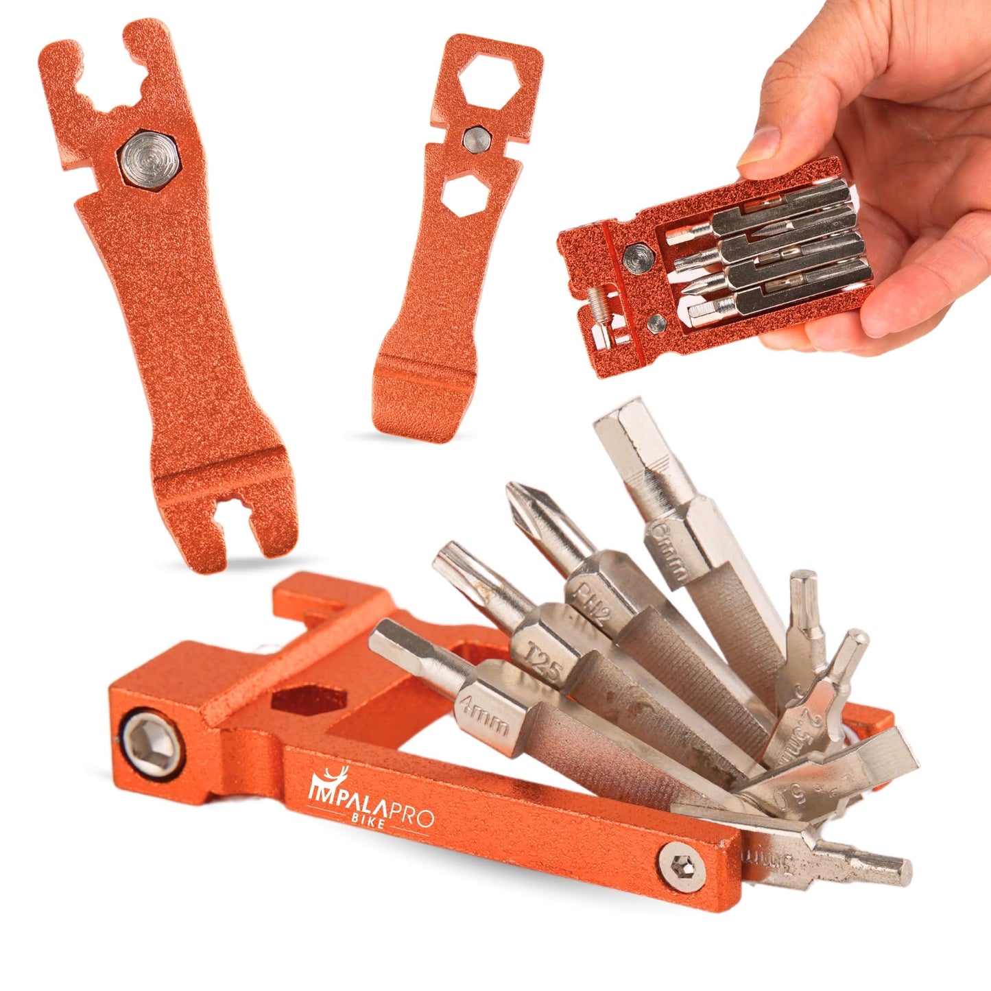 IMPALAPRO Kit Réparation Vélo 20 en 1 Ultraléger et Compact (117,5g) en Alliage de Chrome-Vanadium (CRV) - Outil Vélo Multifonction - Multitool Vélo - Outillage Velo (Orange)