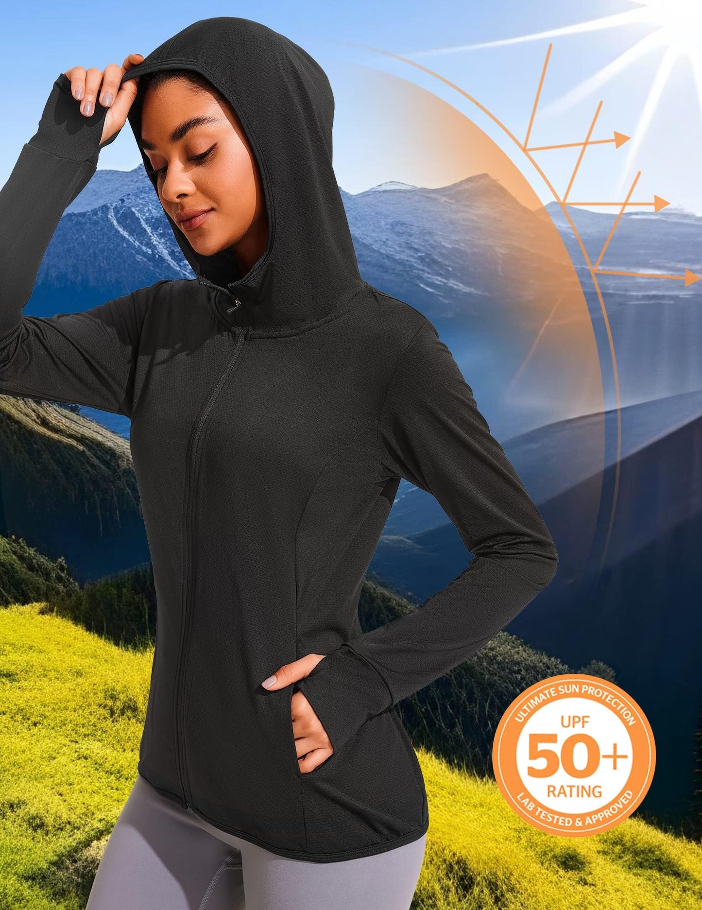 COOrun Veste à capuche avec protection solaire UPF 50+ pour femme - Manches longues - Chemises actives - Performance de randonnée en plein air