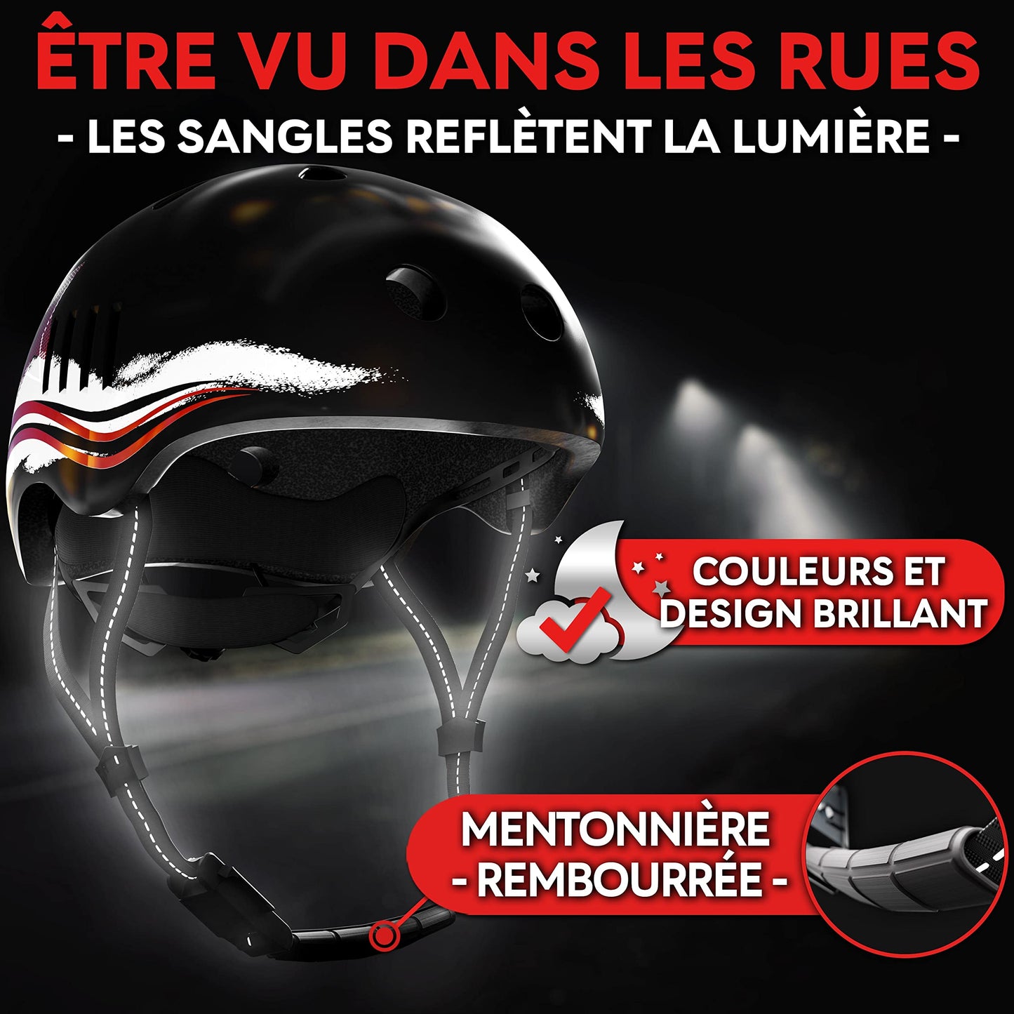 SKATEWIZ Casque Velo Homme, Femme, Enfant - Casque Trottinette, BMX, Roller, skeatbord - Casques de vélo - Casque vélo Femme Casque vélo Homme - Safeguard L - 57-61cm Étoile Noire-Rouge