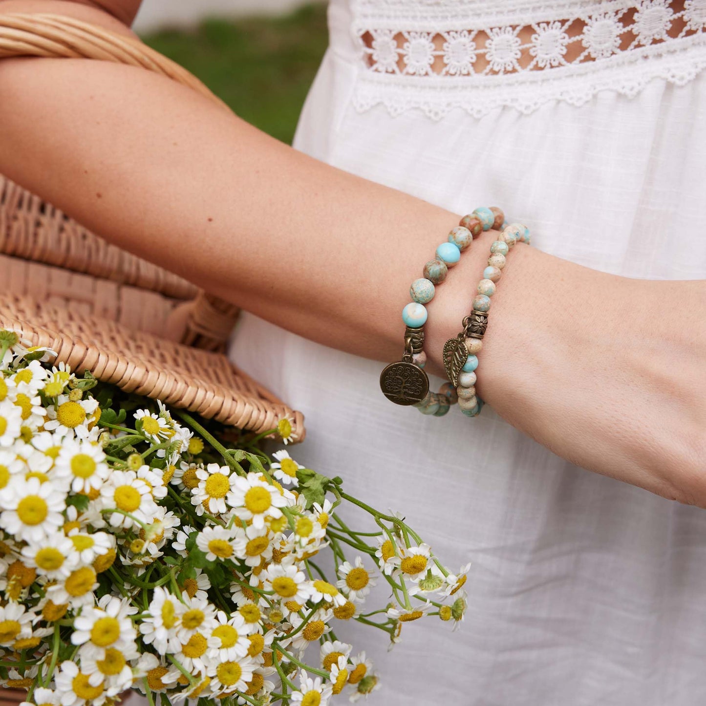 Farfume Bracelet En Pierre Naturelle - Bracelet Perles Naturelles Femme-Ensemble De Deux Bracelets Avec Accessoires Arbre De Vie Et Feuille(Moyen 18,5 cm Sédiment Marin (Sagesse))